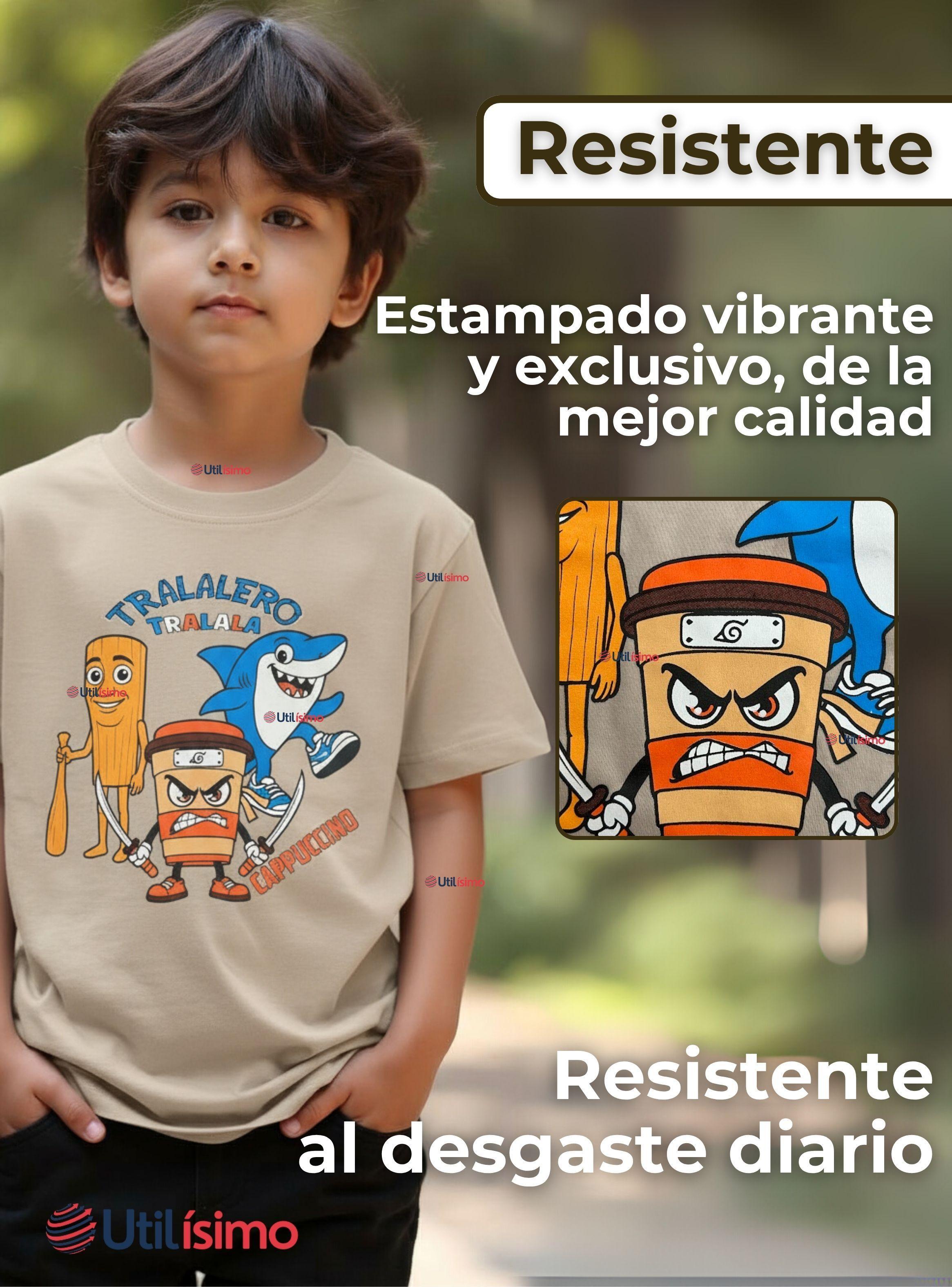 Polera Brainrots 100% Algodón Manga Corta Niños Tralalero Beige-3
