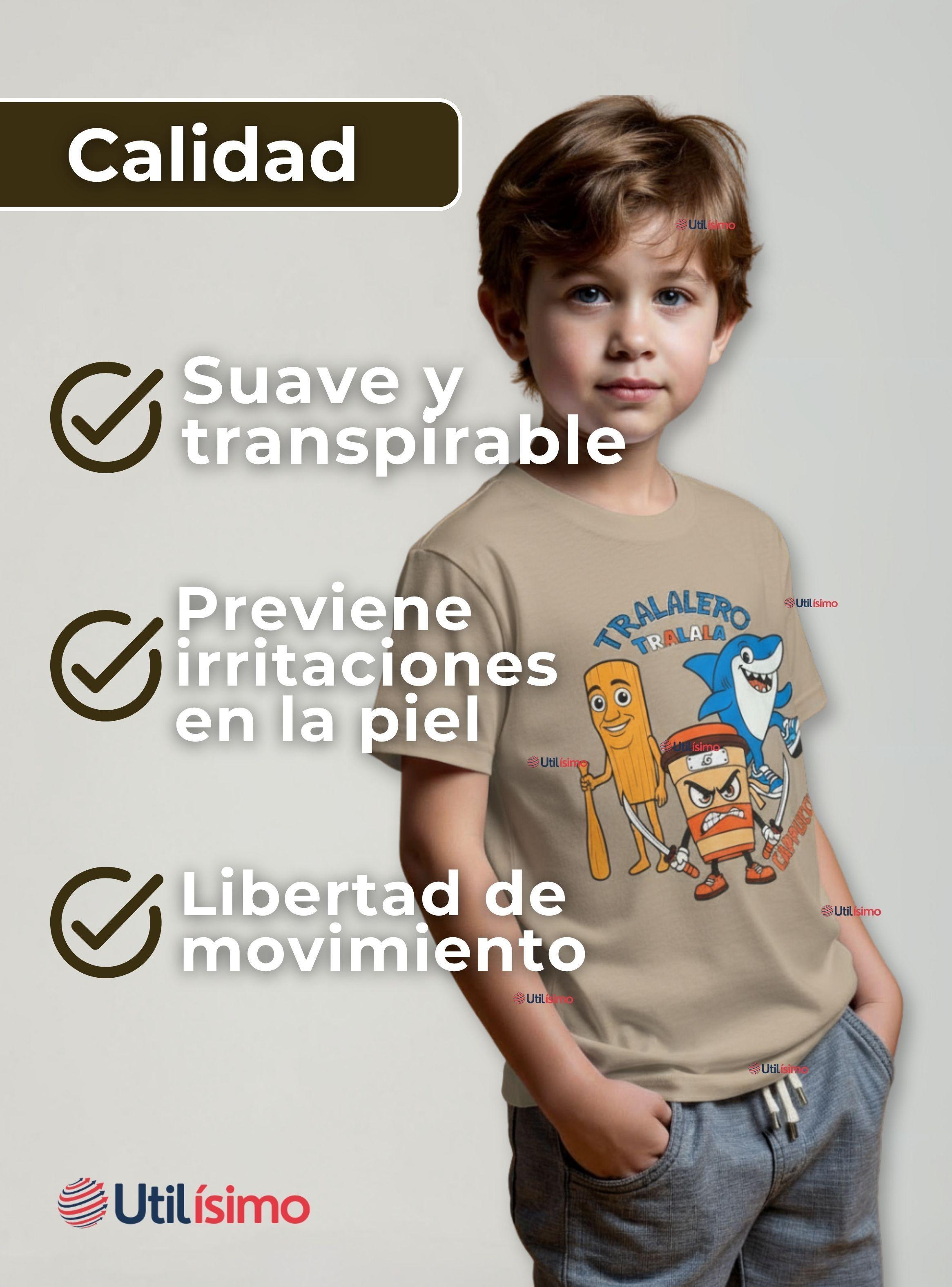 Polera Brainrots 100% Algodón Manga Corta Niños Tralalero Beige-4