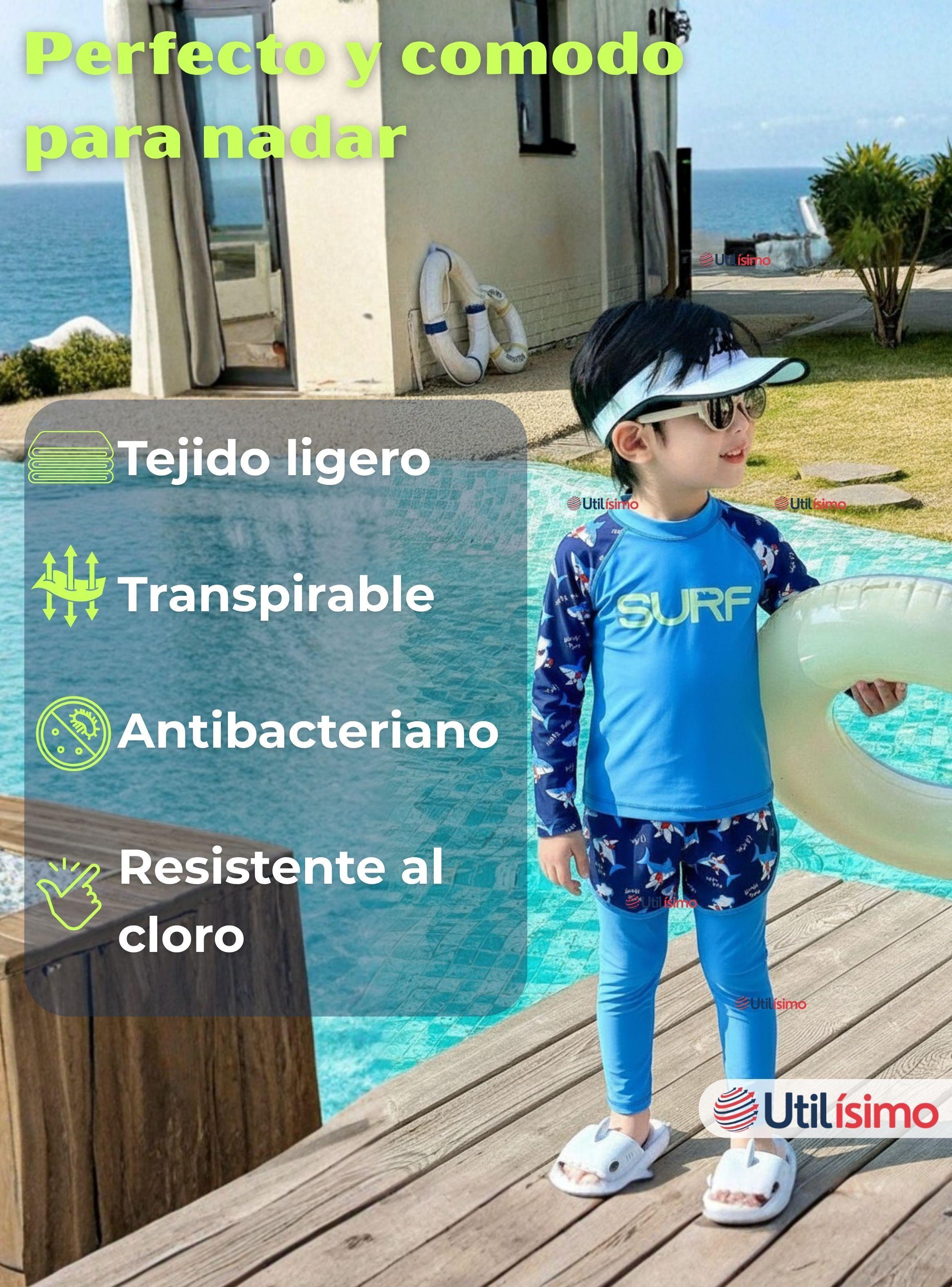 Traje De Baño Polera Manga Larga Pantalón Largo y Corto Para Niños de 3 a 11 Años Blue Surf-7