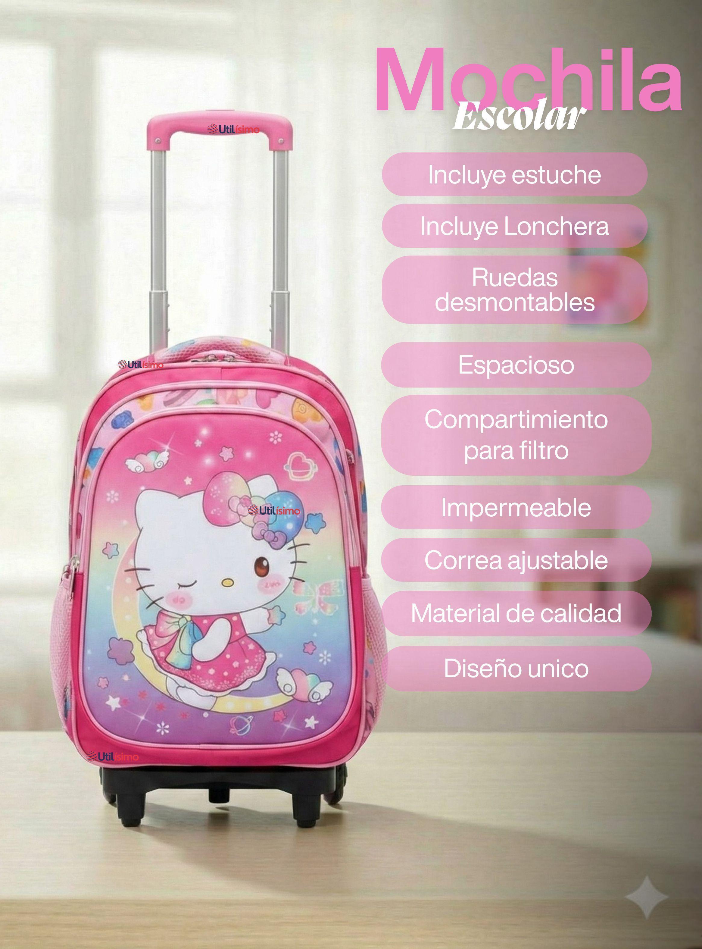 Mochila Escolar Hello Kitty Dreams Con Ruedas Desmontables + Estuche y Lonchera de Niña Poliéster-1