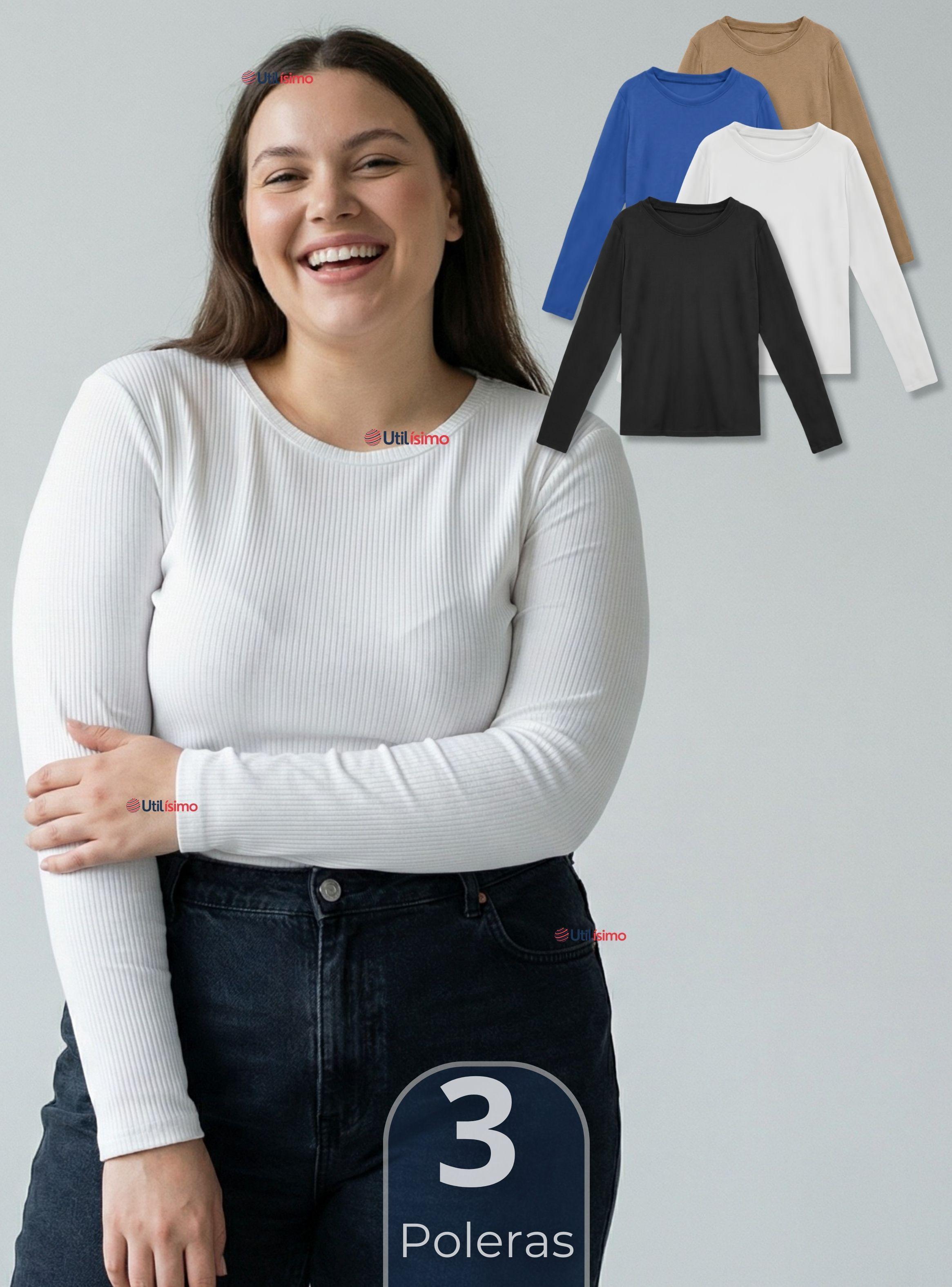 Pack 3 Camisetas Polar Polera Cuello Redondo Mujer Manga Larga Tela Acanalada de Colores Surtidos-0