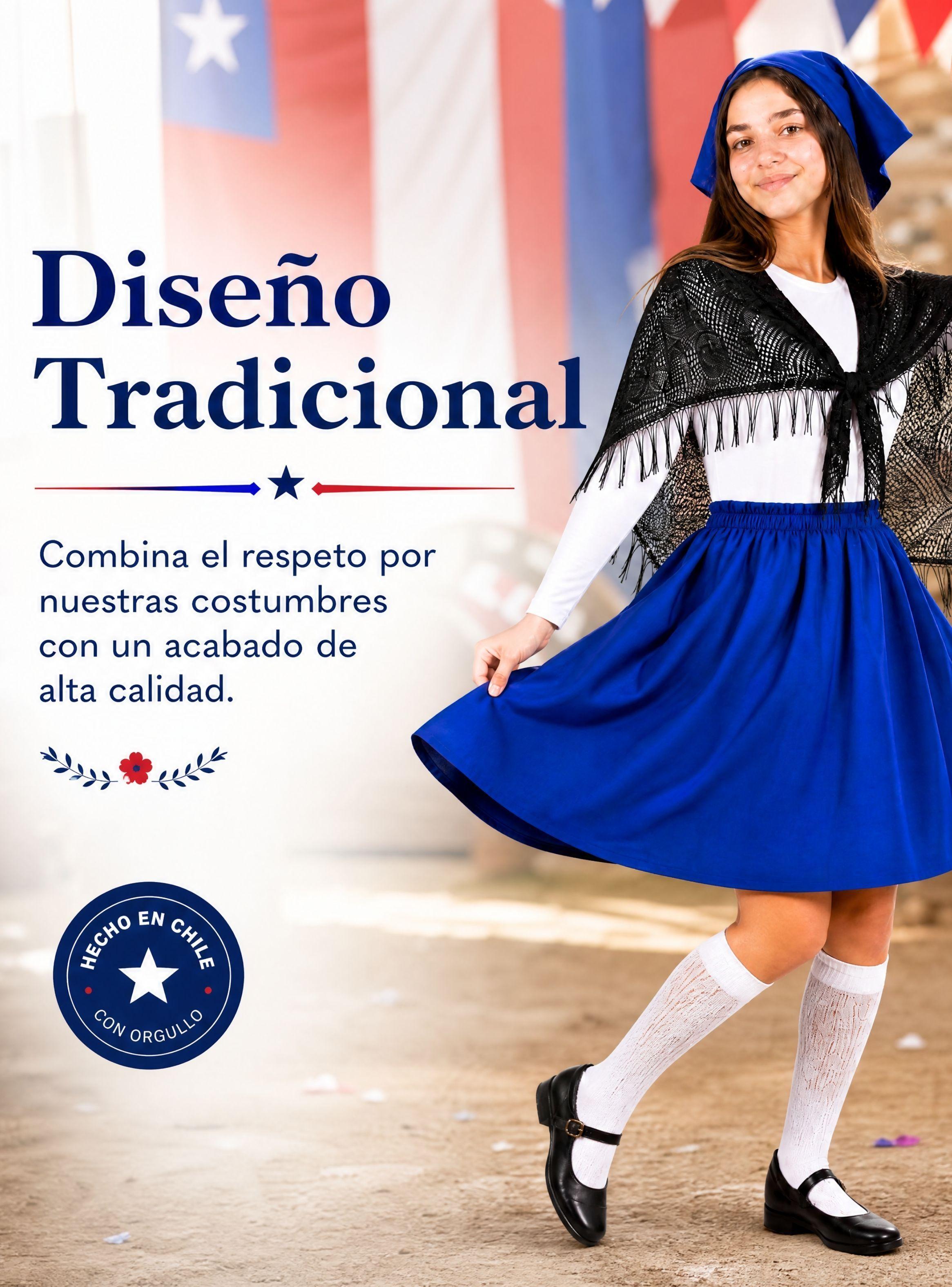 Traje Chilote Azul Niña 4 Piezas Con Polera Fiestas Patrias Bailes Tipicos-6