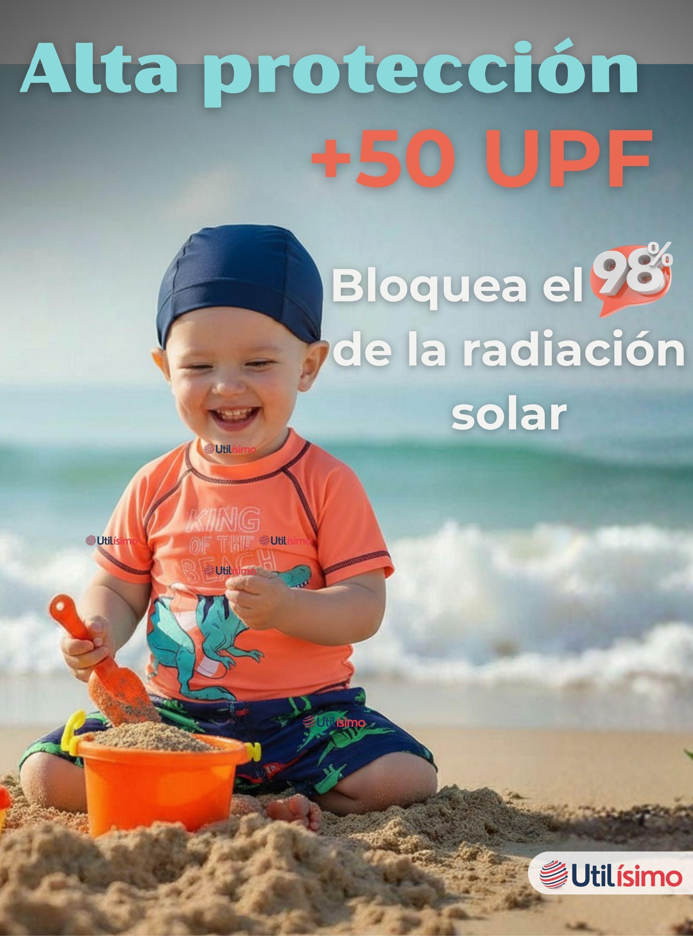 Traje De Baño Polera Pantalón Corto y Gorro 3 piezas Corte Split Niño de 3 a 9 Años Dino-3