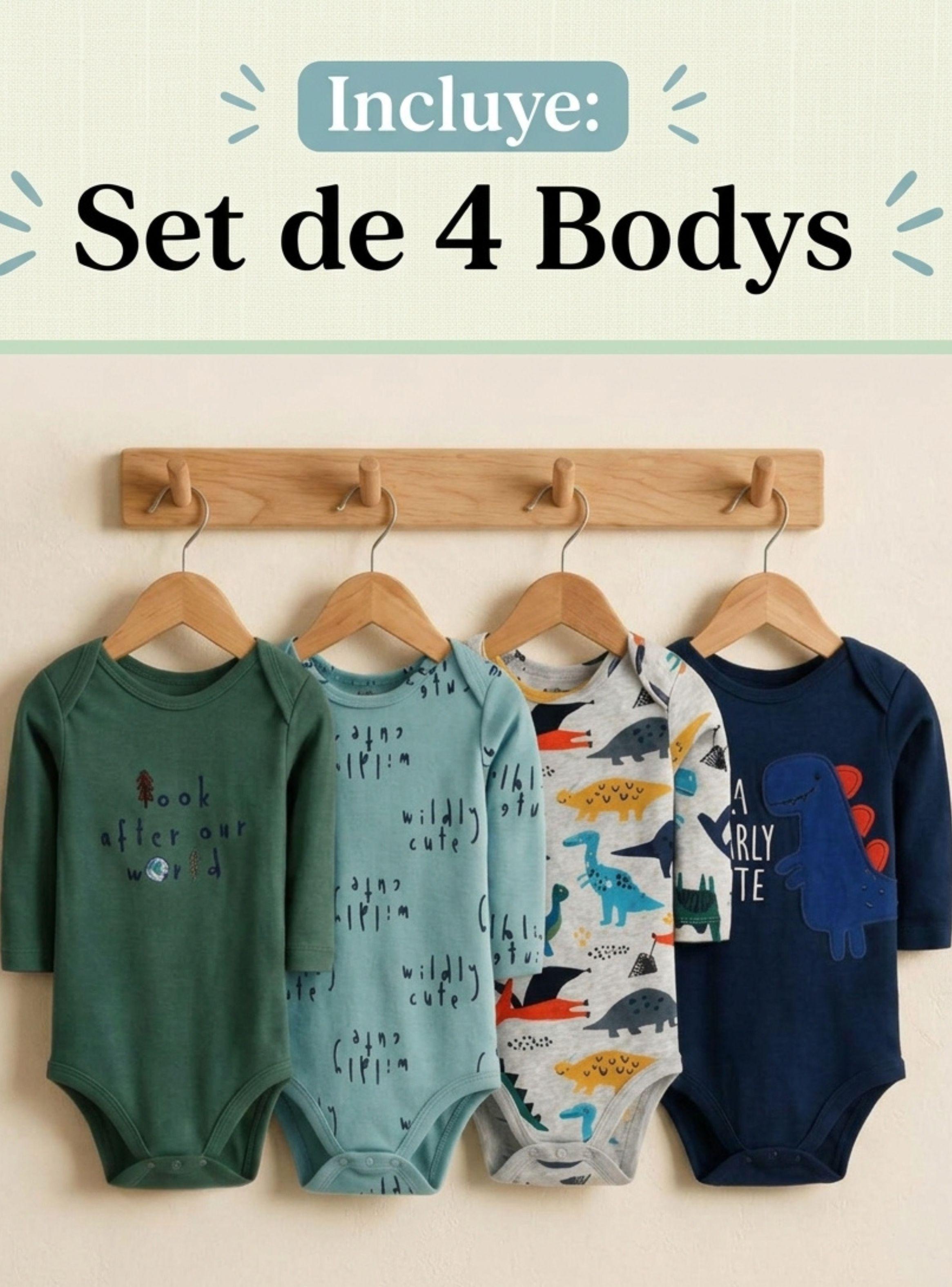 Pack 4 Bodys Manga Larga %100 Algodón Tedmimak Niño Baby Dino-2