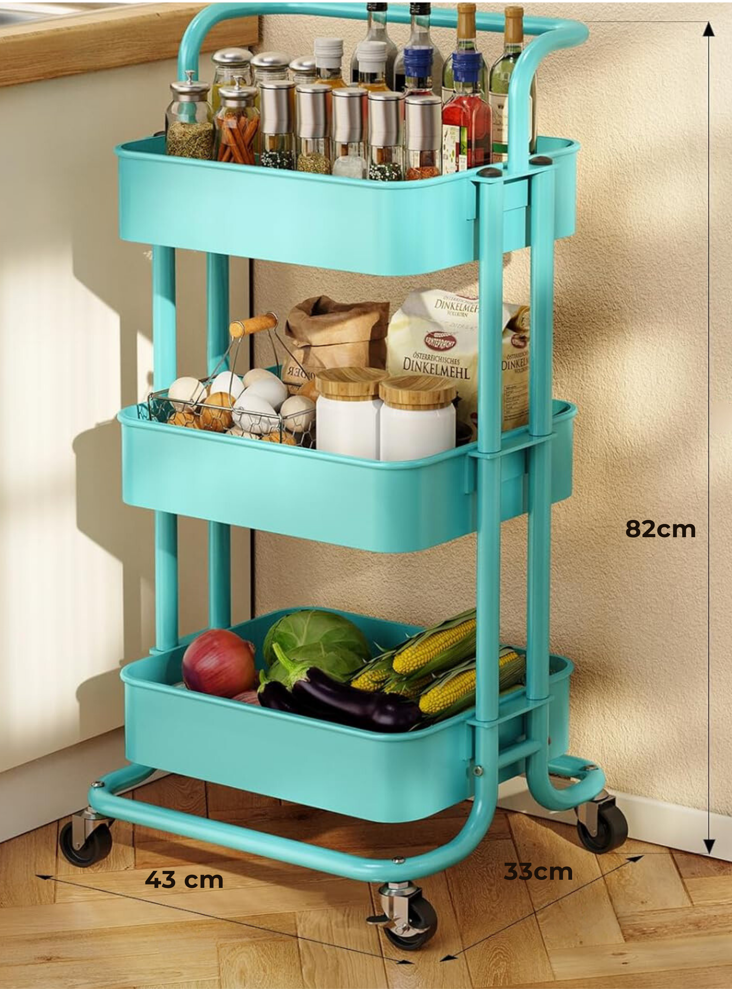 Carrito De Almacenamiento Organizador 3 Niveles Con Ruedas Color Turquesa-2