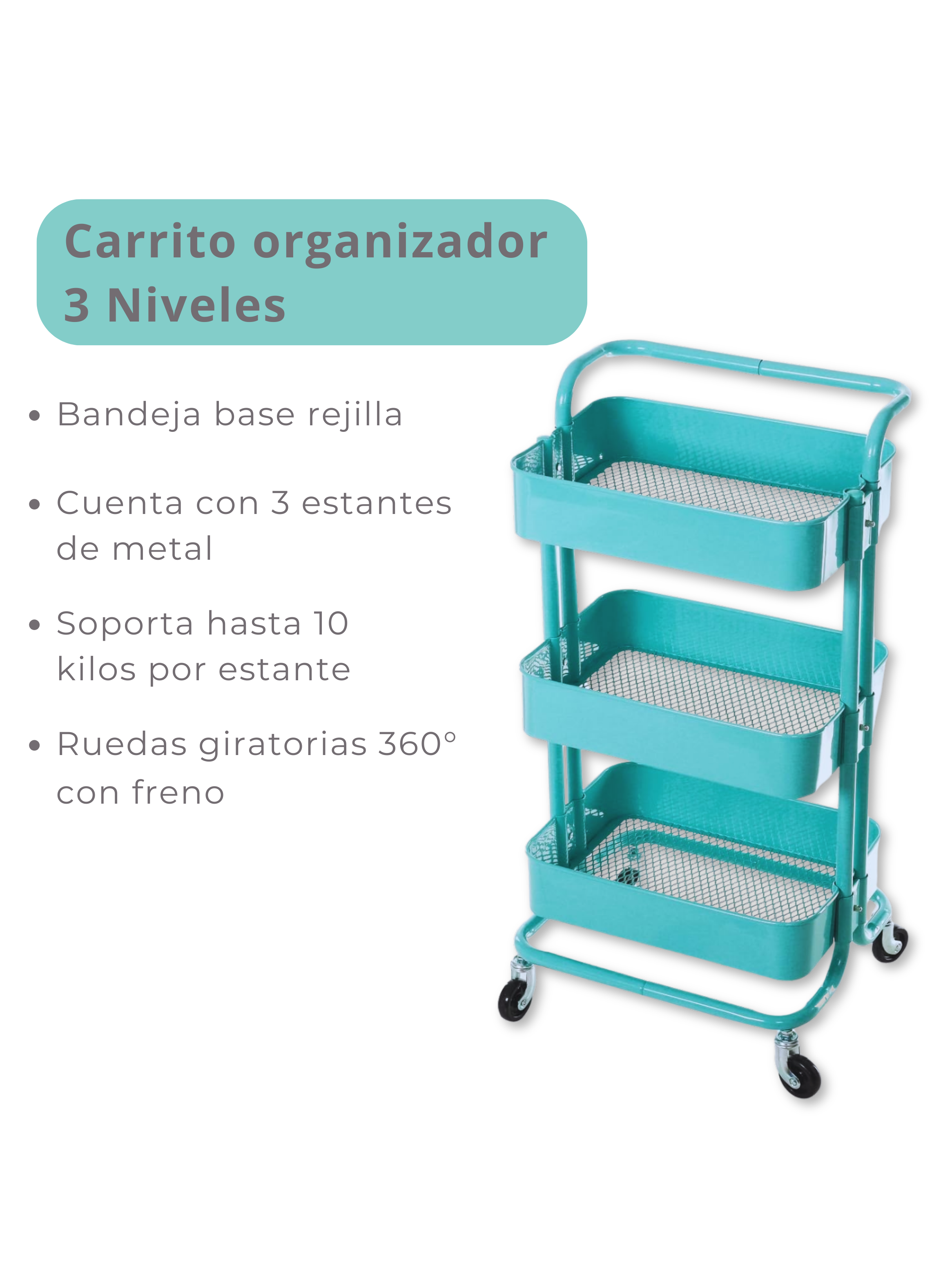 Carrito De Almacenamiento Organizador 3 Niveles Con Ruedas Color Turquesa-4