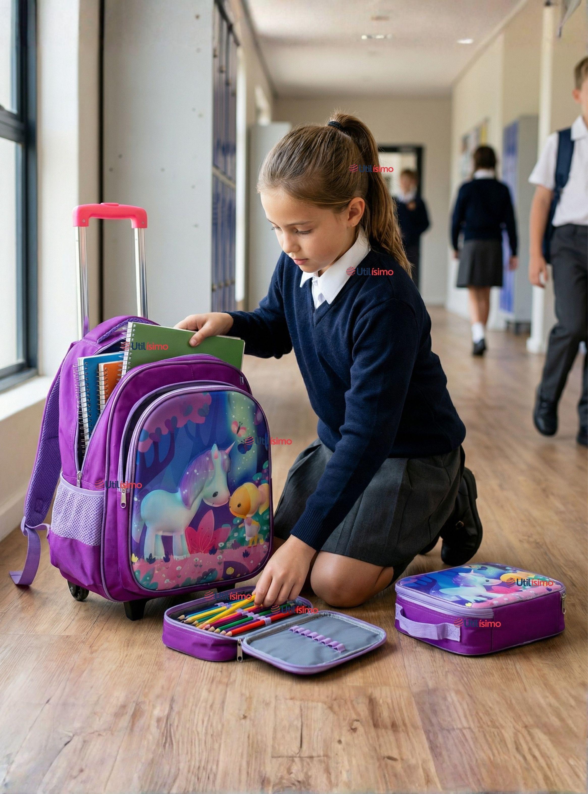 Mochila Escolar Con Ruedas + Estuche + Lonchera Desmontable Poliéster Morado Diseño Unicornio Niña-0