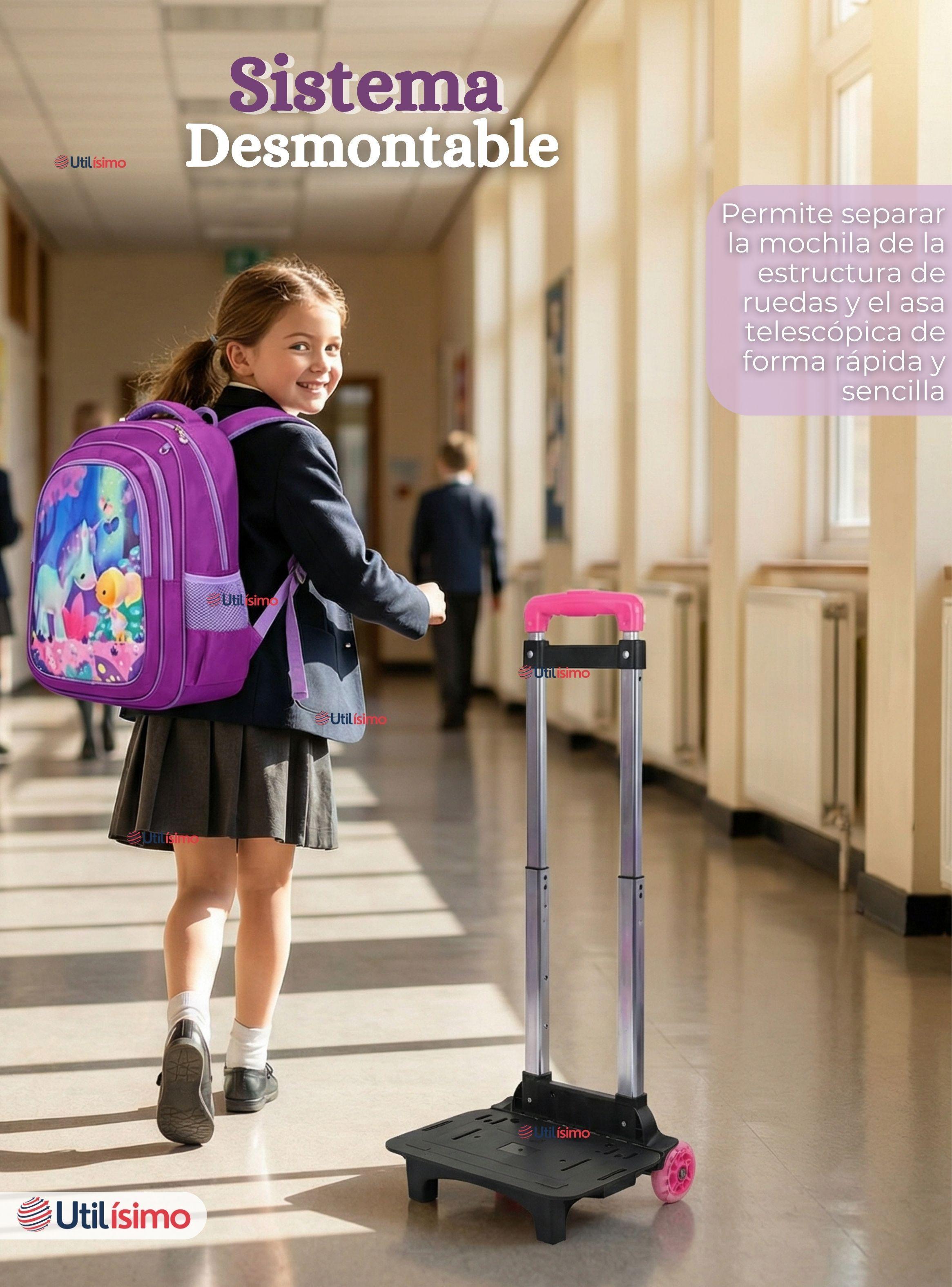 Mochila Escolar Con Ruedas + Estuche + Lonchera Desmontable Poliéster Morado Diseño Unicornio Niña-5