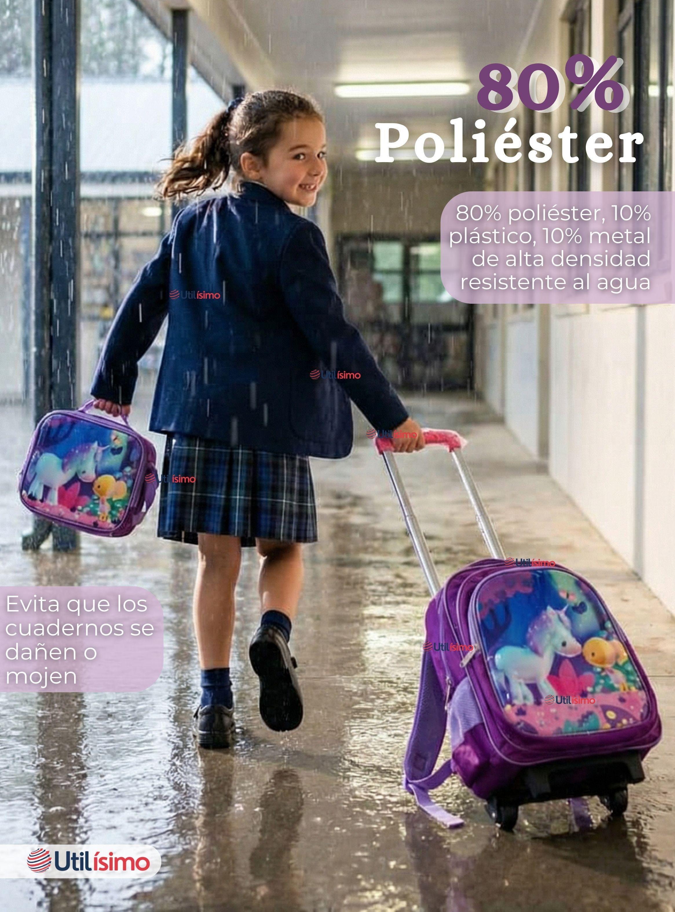 Mochila Escolar Con Ruedas + Estuche + Lonchera Desmontable Poliéster Morado Diseño Unicornio Niña-6