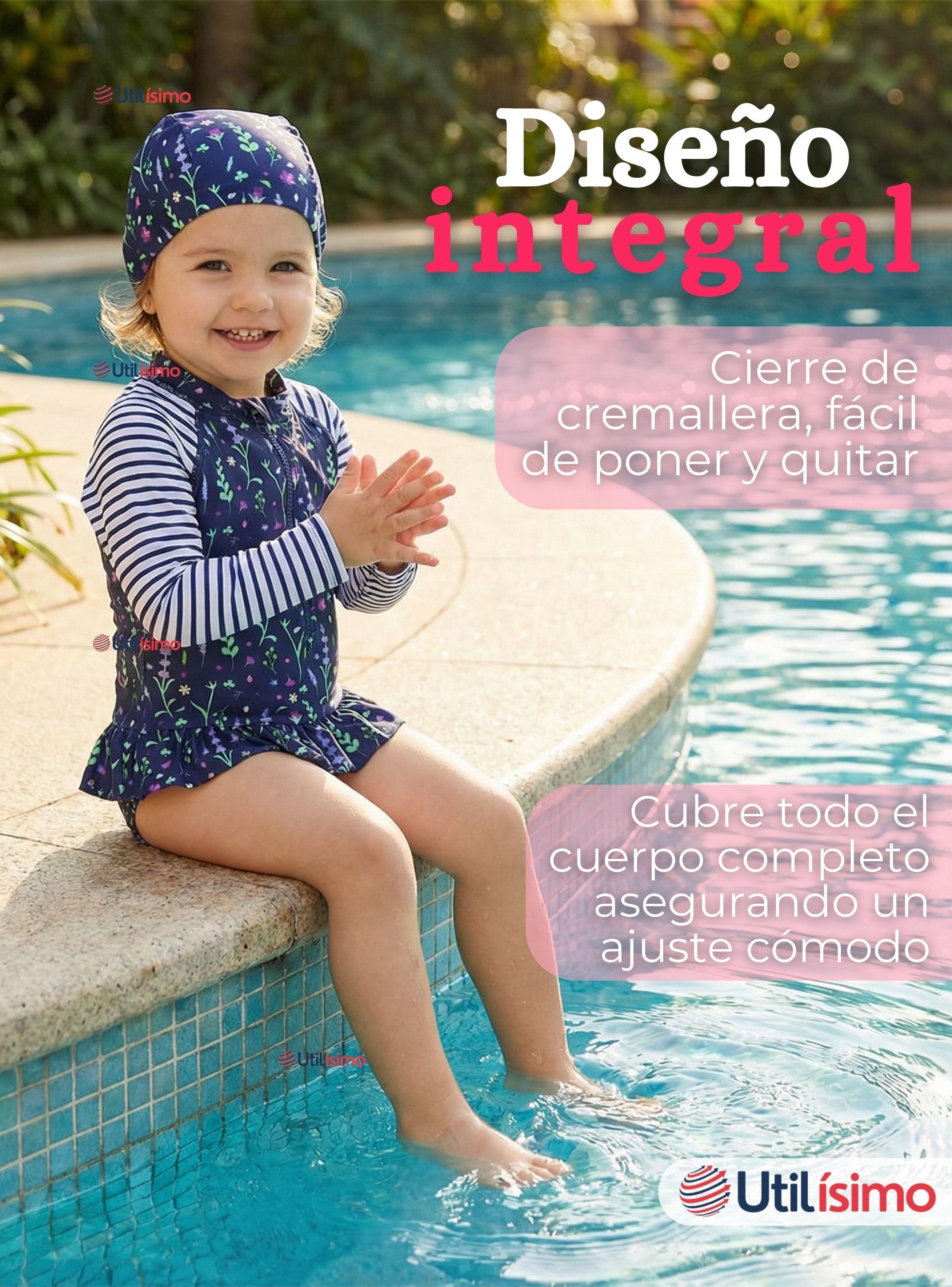 Traje de Baño Enterito Cremallera Manga Larga Con Gorro para Niña 1 a 8 años Blue Flowers-7