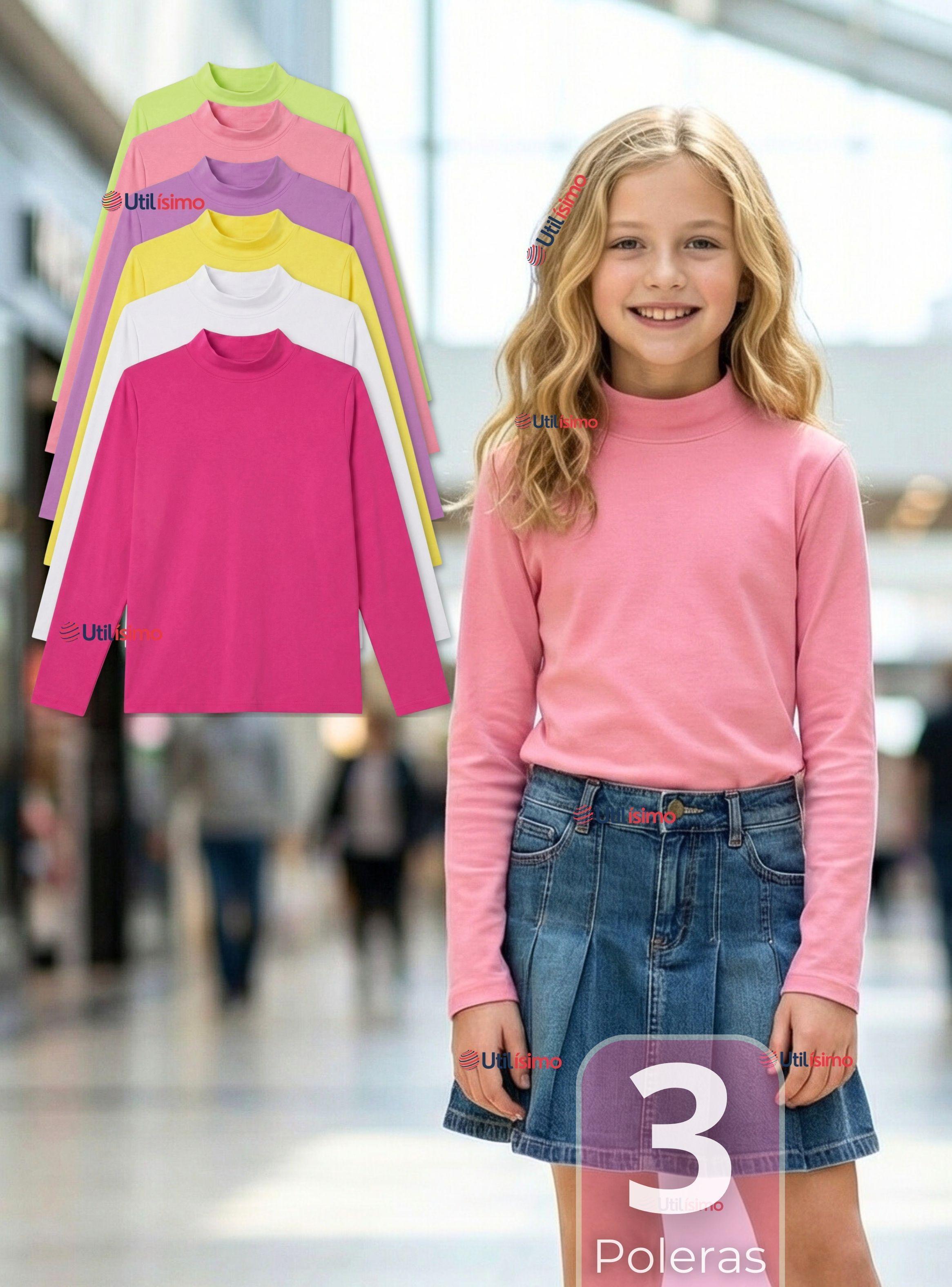 Pack 3 Poleras Camisetas Polar Primera Capa Cuello Beatle Manga Larga Colores Surtido Niñas-0