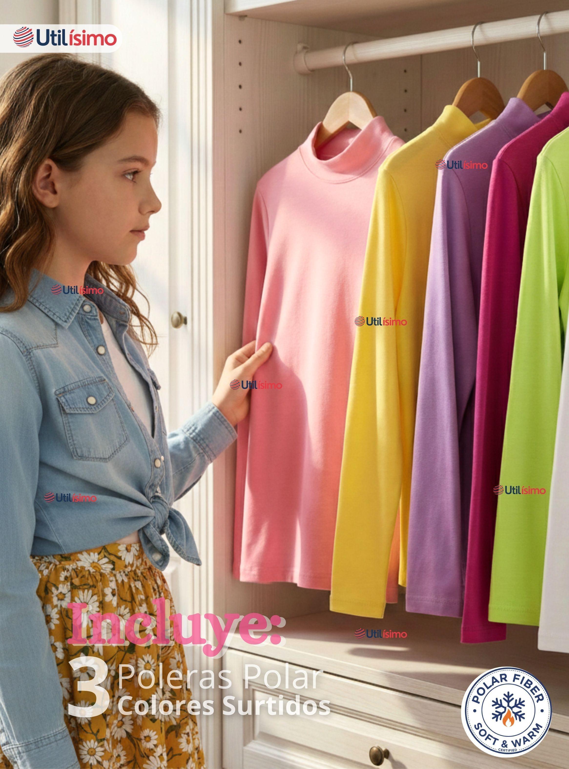 Pack 3 Poleras Camisetas Polar Primera Capa Cuello Beatle Manga Larga Colores Surtido Niñas-3