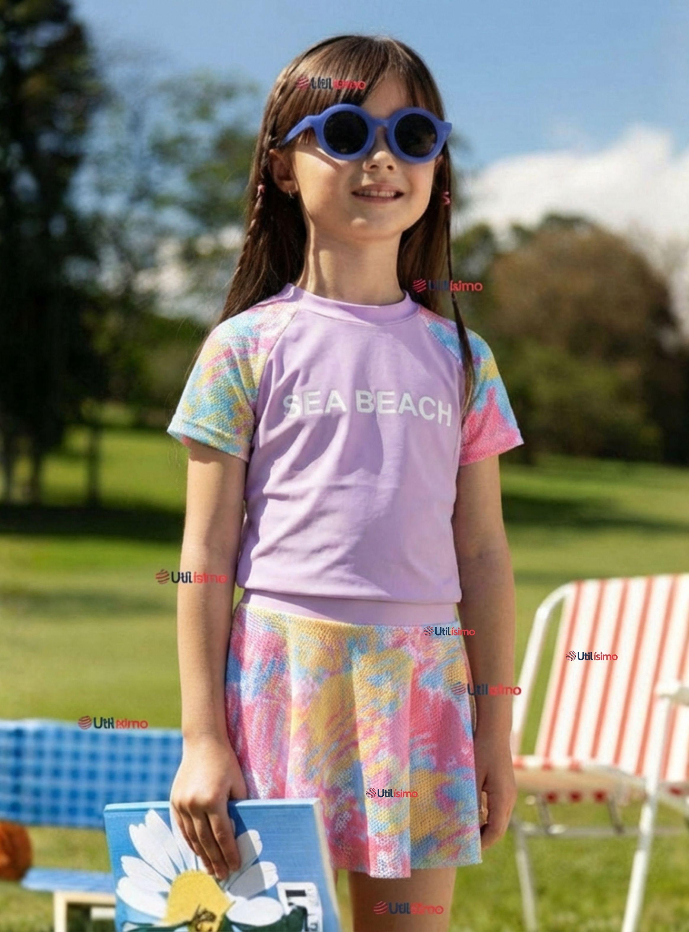 Traje De Baño Manga Corta y Pantalón Corto Con Falda 2 Piezas Niña de 6 a 13 Años Sea Beach Lila-0