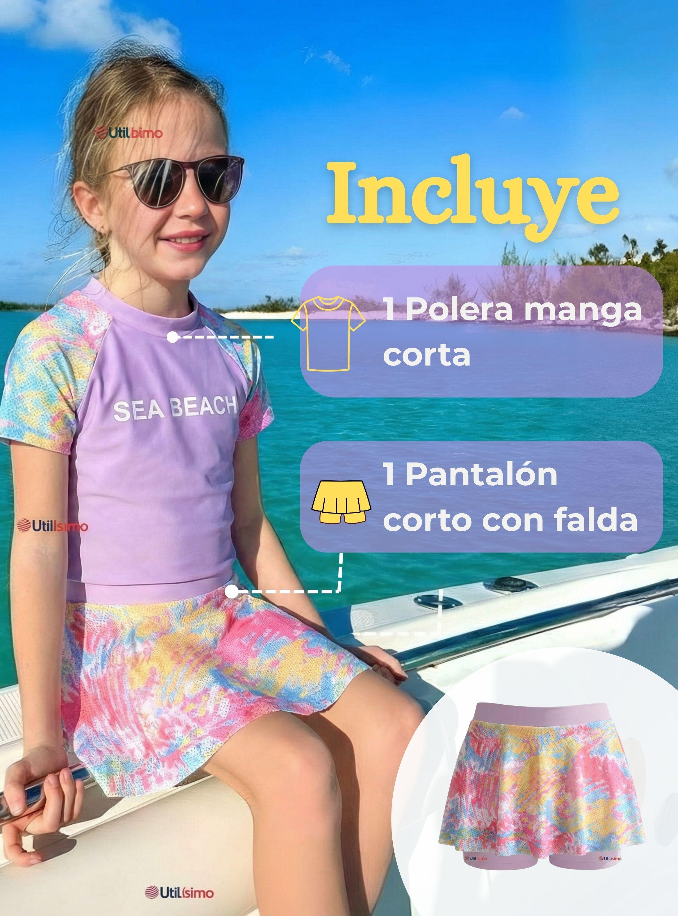 Traje De Baño Manga Corta y Pantalón Corto Con Falda 2 Piezas Niña de 6 a 13 Años Sea Beach Lila-1