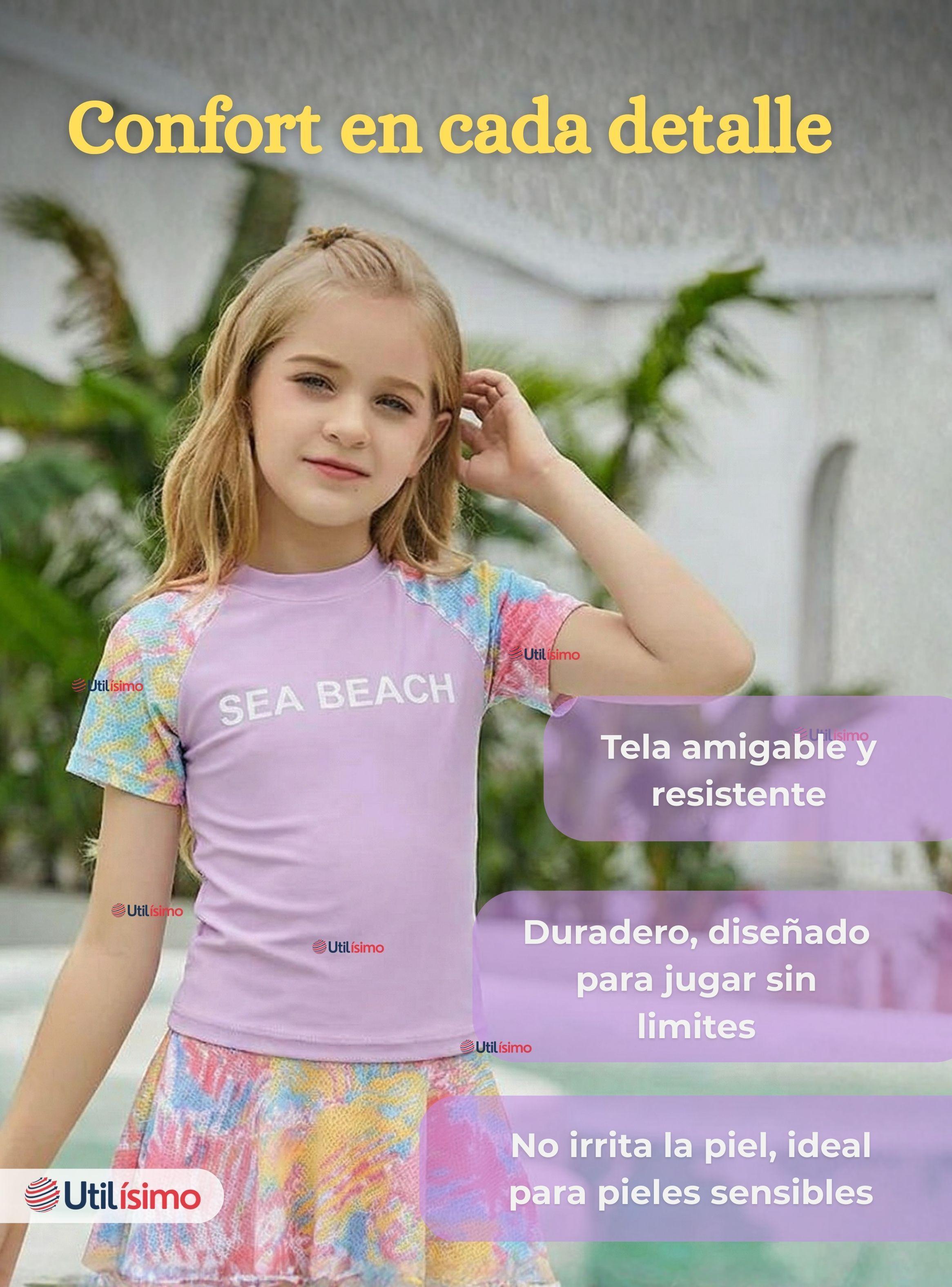 Traje De Baño Manga Corta y Pantalón Corto Con Falda 2 Piezas Niña de 6 a 13 Años Sea Beach Lila-7