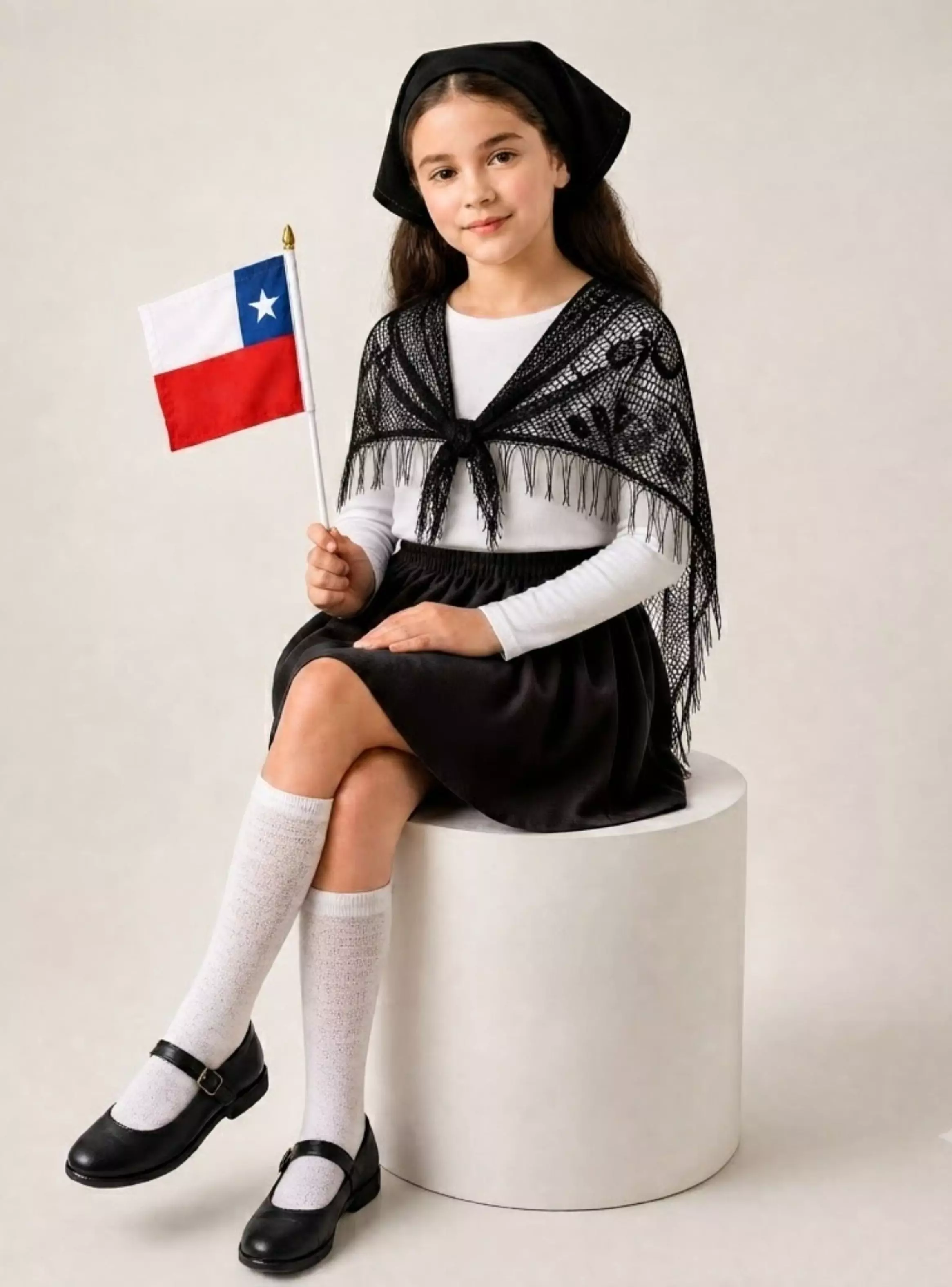 Traje Chilote Niña Negro 4 Piezas Con Polera Fiestas Patrias Baile Típico-0