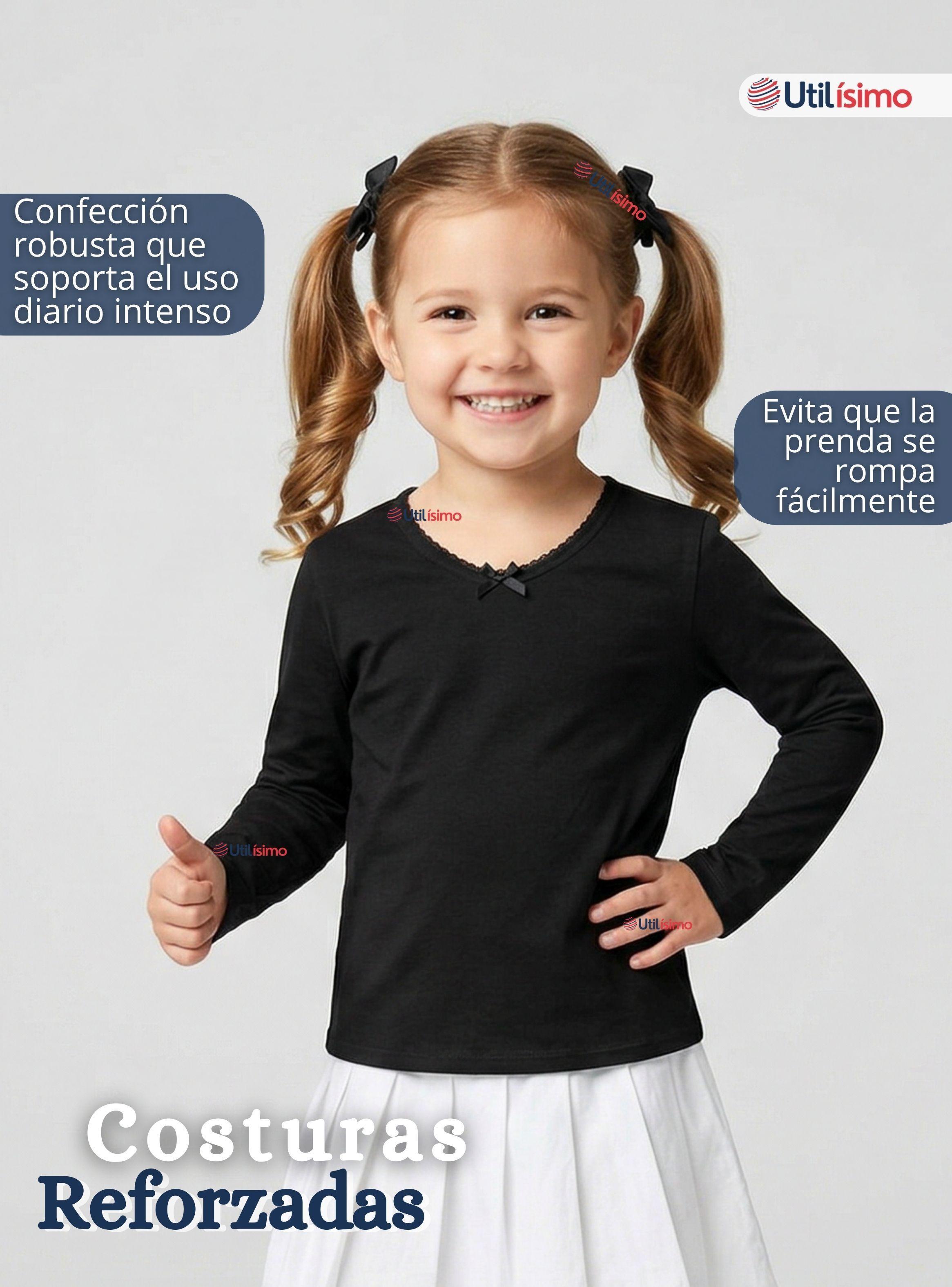 Pack 3 Camiseta Polera Algodón Cuello Redondo Negra Primera Capa Manga Larga para Niñas-6