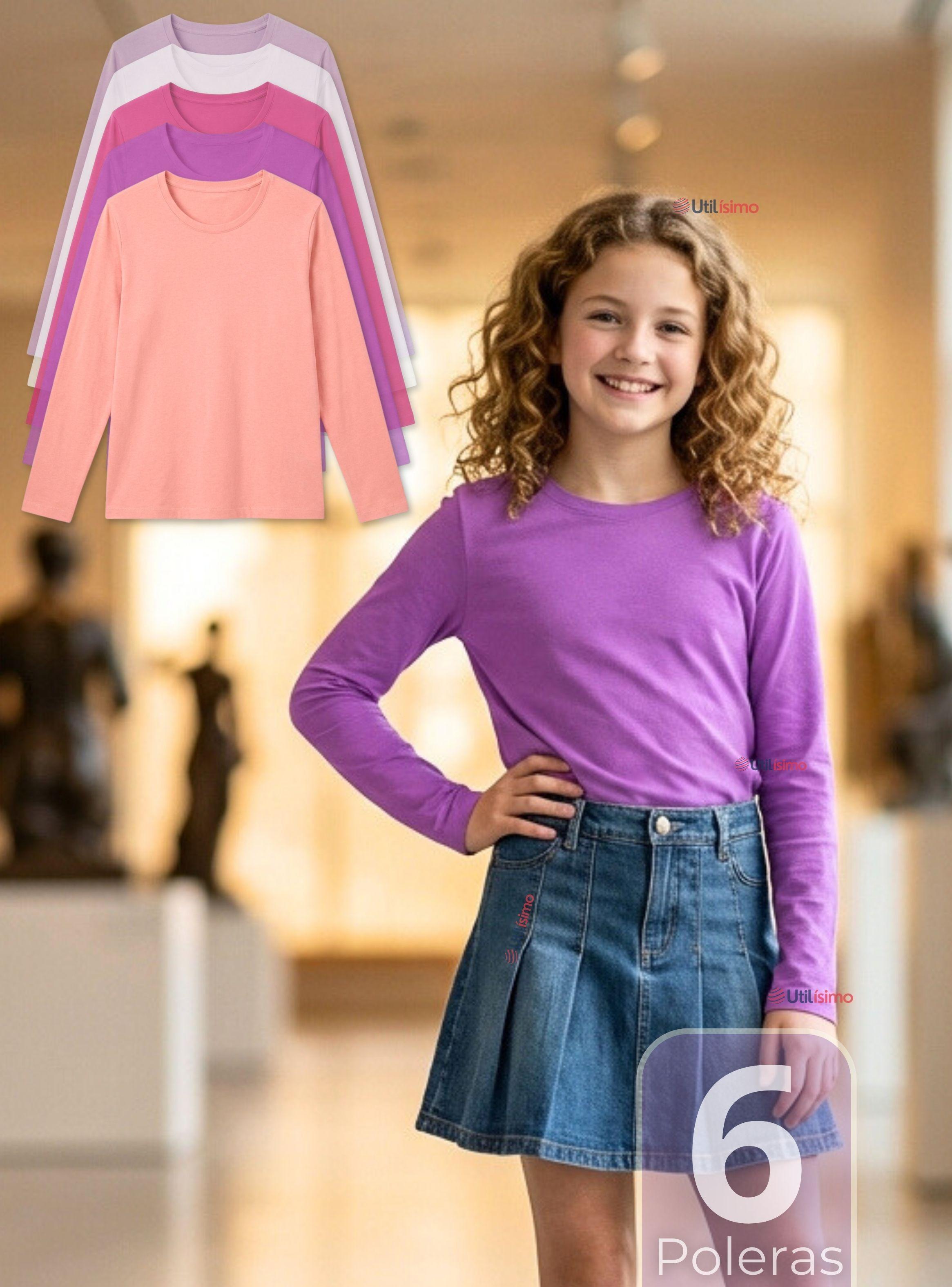 Pack 6 Polera Camiseta Polar Primera Capa Cuello Redondo Manga Larga Colores Surtidos para Niñas-0