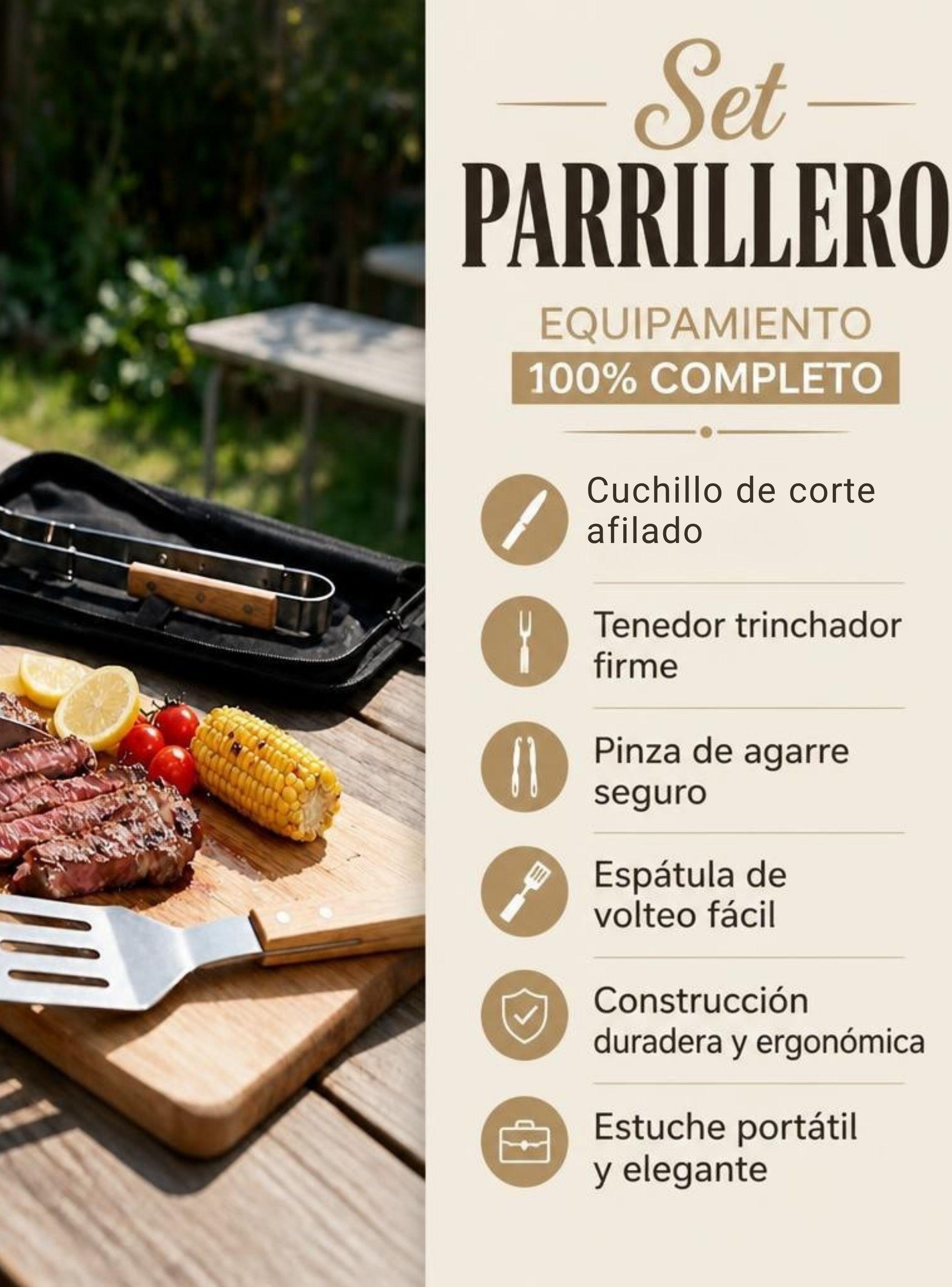 Set Parrilero 4 Piezas Acero Inoxidable Con Estuche Asado Barbacoa Fiestas Patrias-3