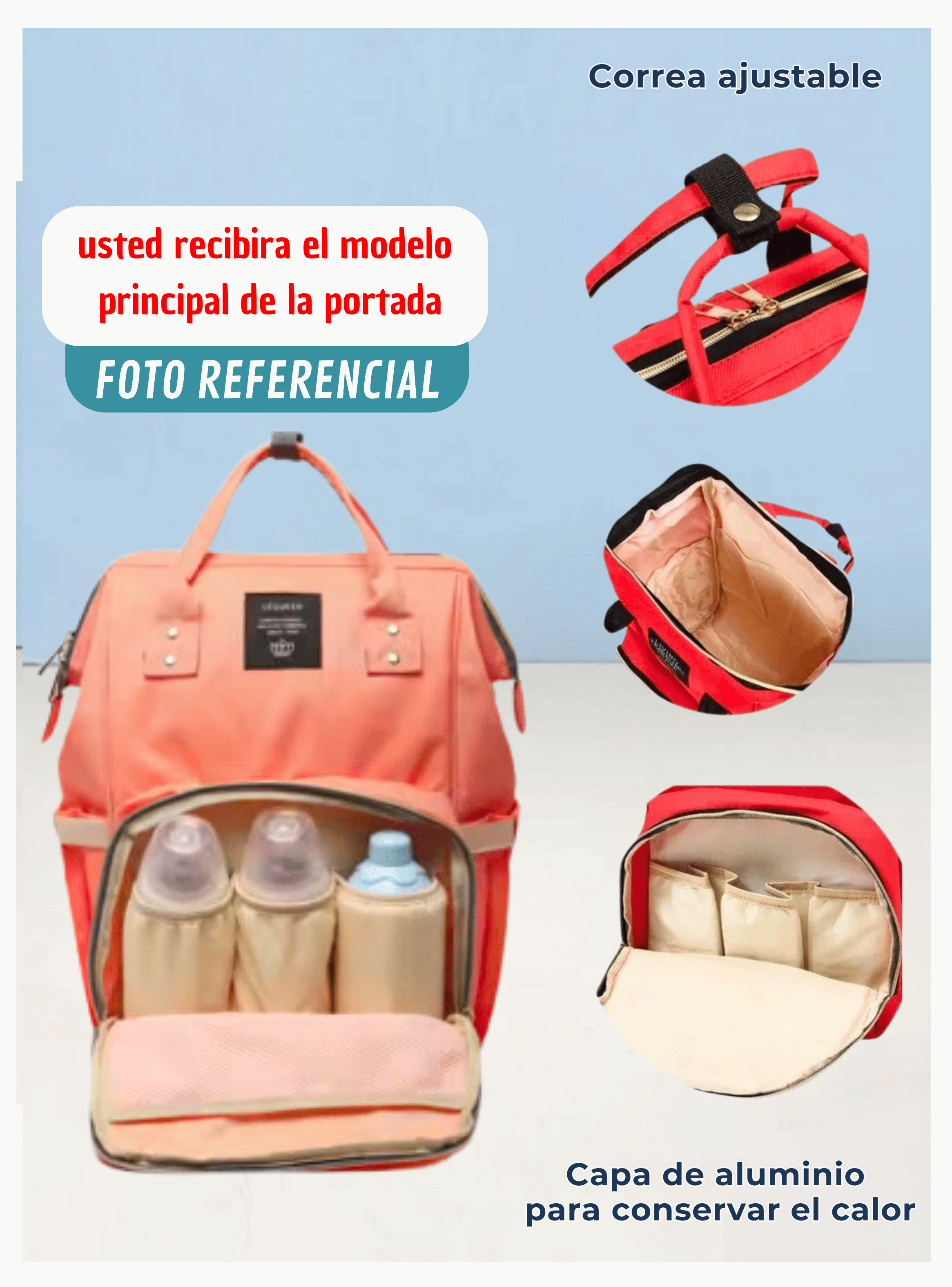 Mochila Maternal Bolso Pañalera Nylon Bebé Térmica e Impermeable Dark Red-5