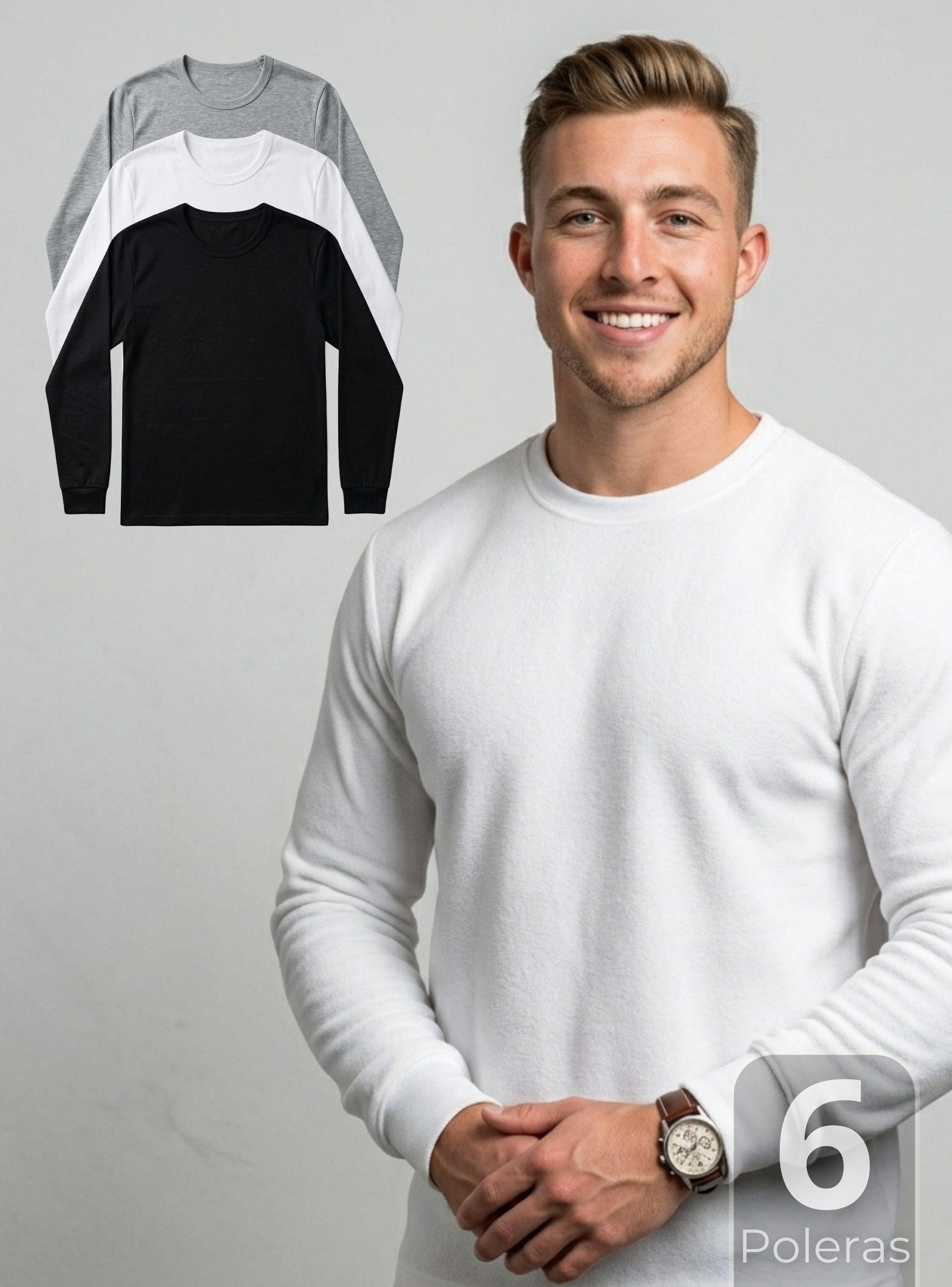Pack 6 Camisetas Poleras Algodón Primera Capa Manga Larga Hombre Cuello Redondo-1