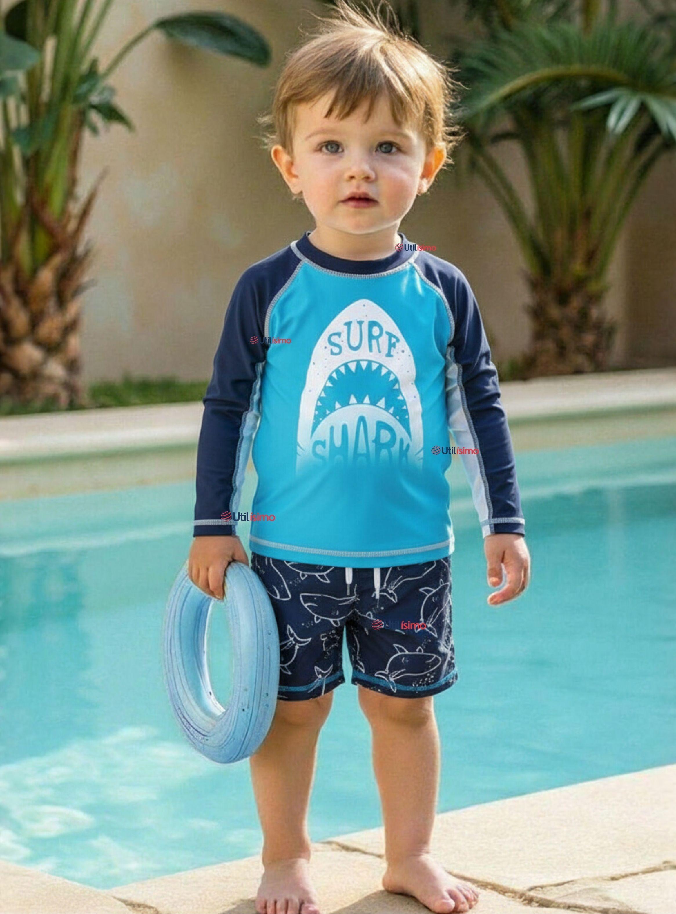 Traje de Baño Manga Larga Pantalón Corto 2 Piezas Corte Split Niño 3 a 9 años Blue Shark-0