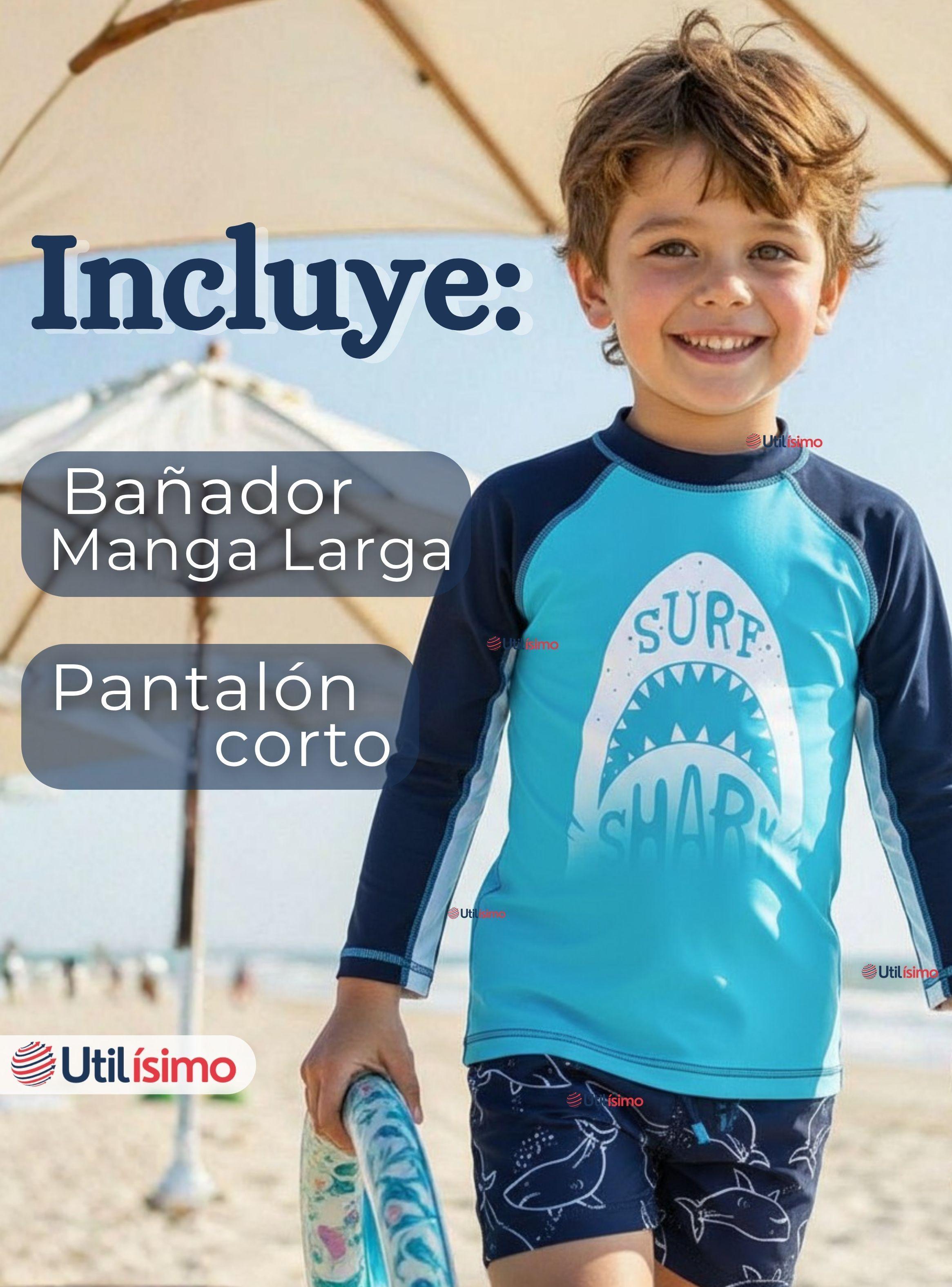 Traje de Baño Manga Larga Pantalón Corto 2 Piezas Corte Split Niño 3 a 9 años Blue Shark-1
