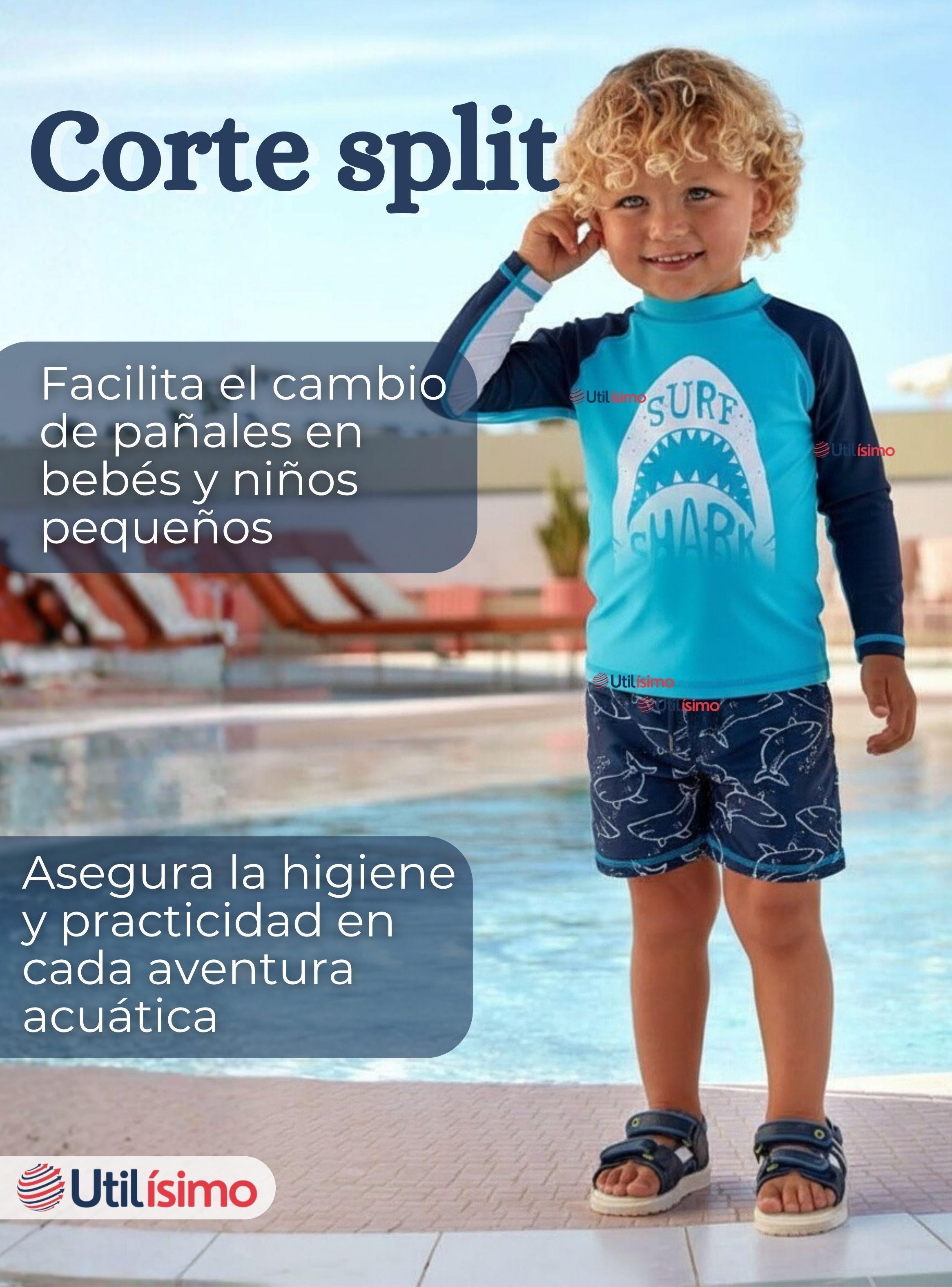 Traje de Baño Manga Larga Pantalón Corto 2 Piezas Corte Split Niño 3 a 9 años Blue Shark-5
