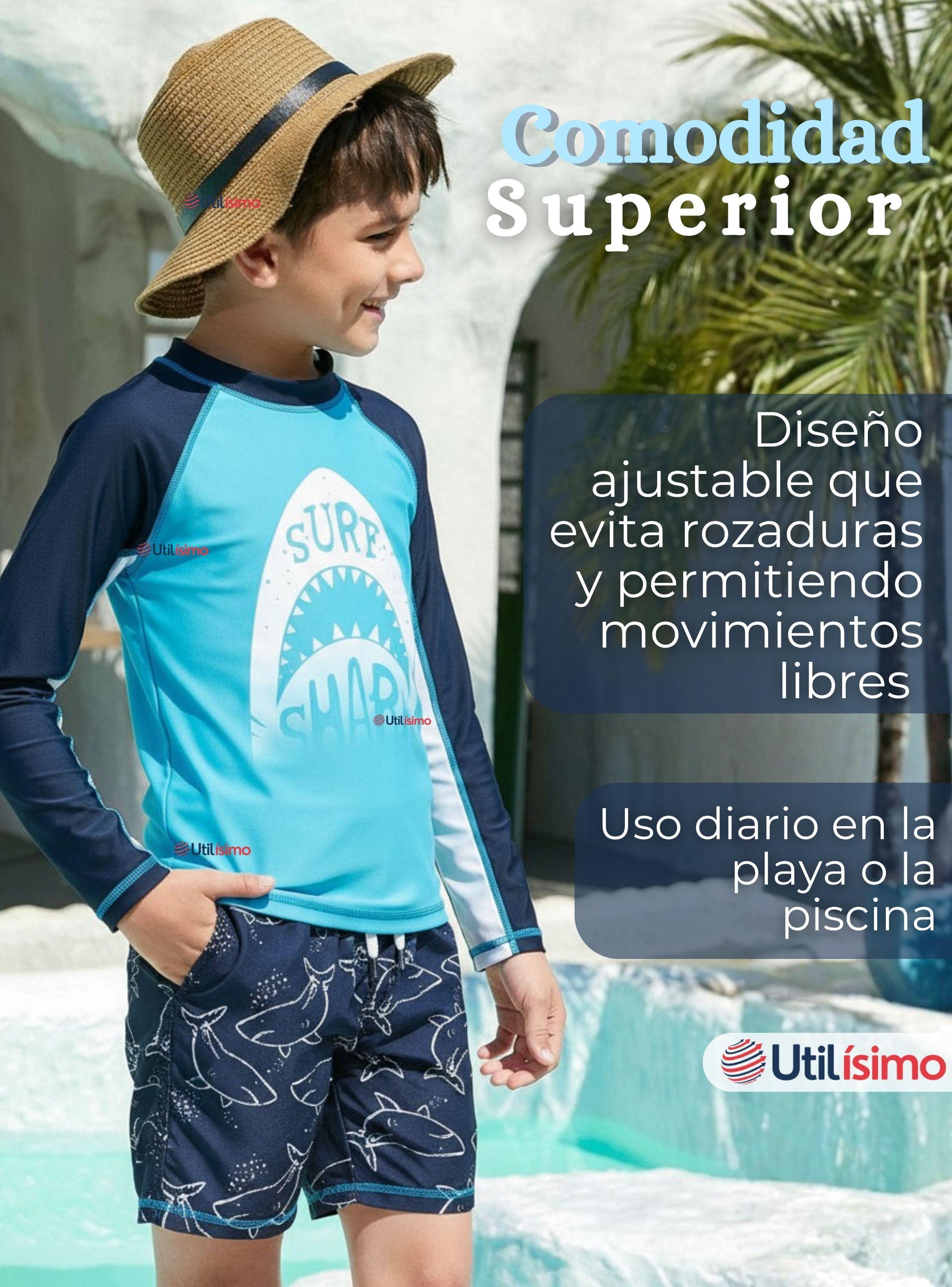 Traje de Baño Manga Larga Pantalón Corto 2 Piezas Corte Split Niño 3 a 9 años Blue Shark-7