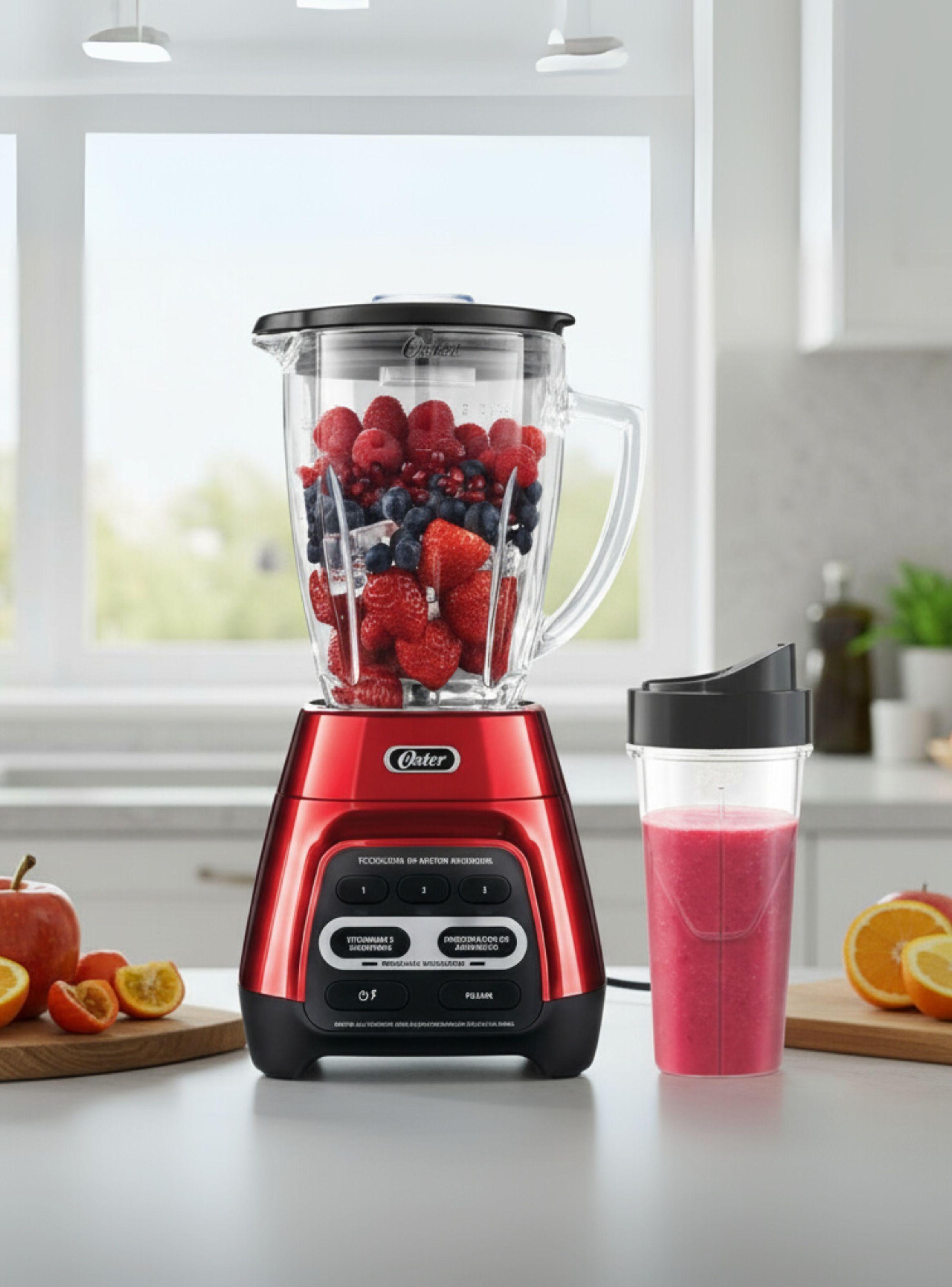 Licuadora Oster® roja programas automáticos,tecnología reversible vaso Blend-N-Go -0