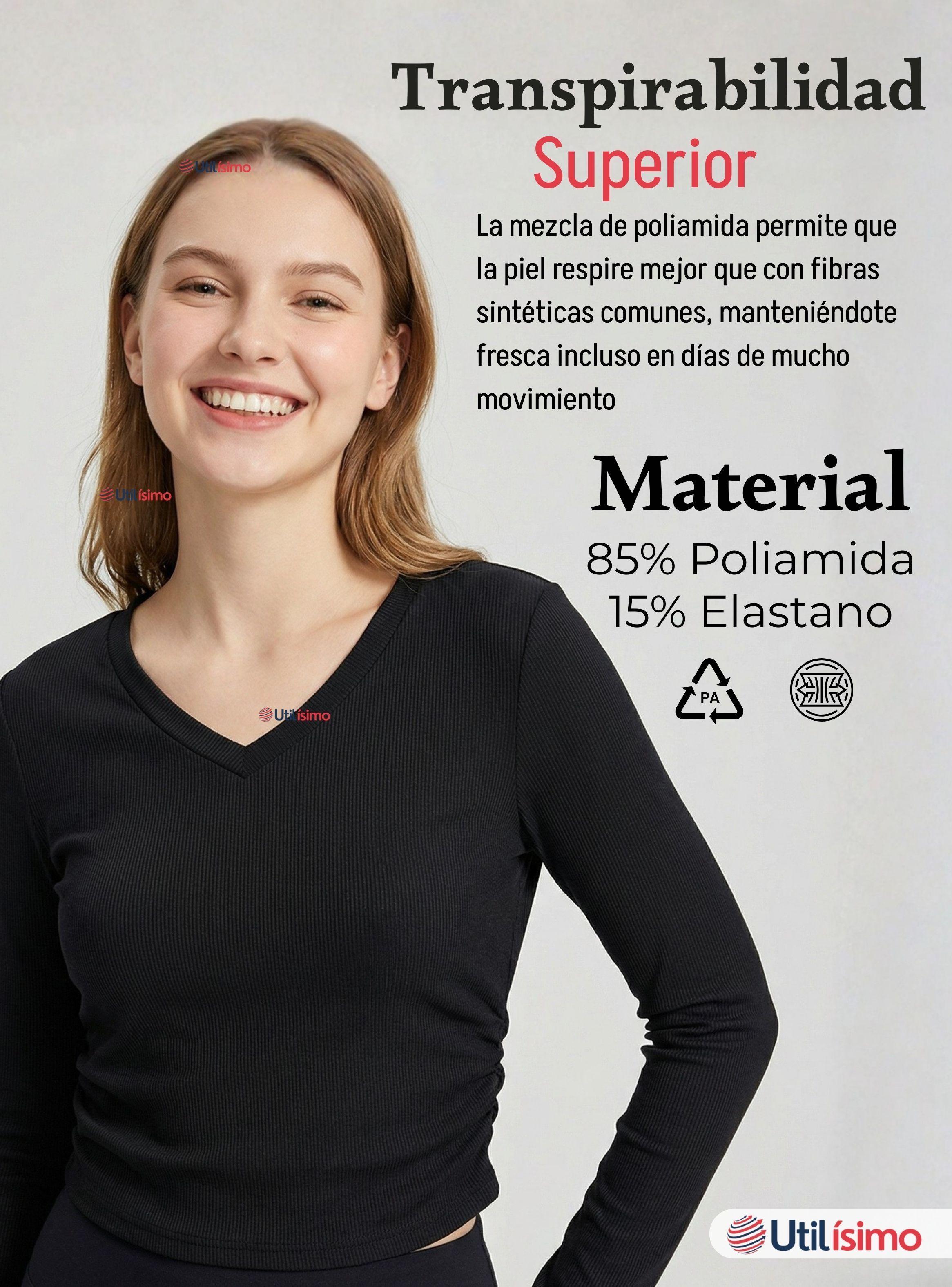 Camiseta Polar Polera Cuello V Mujer Manga Larga Tela Acanalada de Colores Surtidos-5