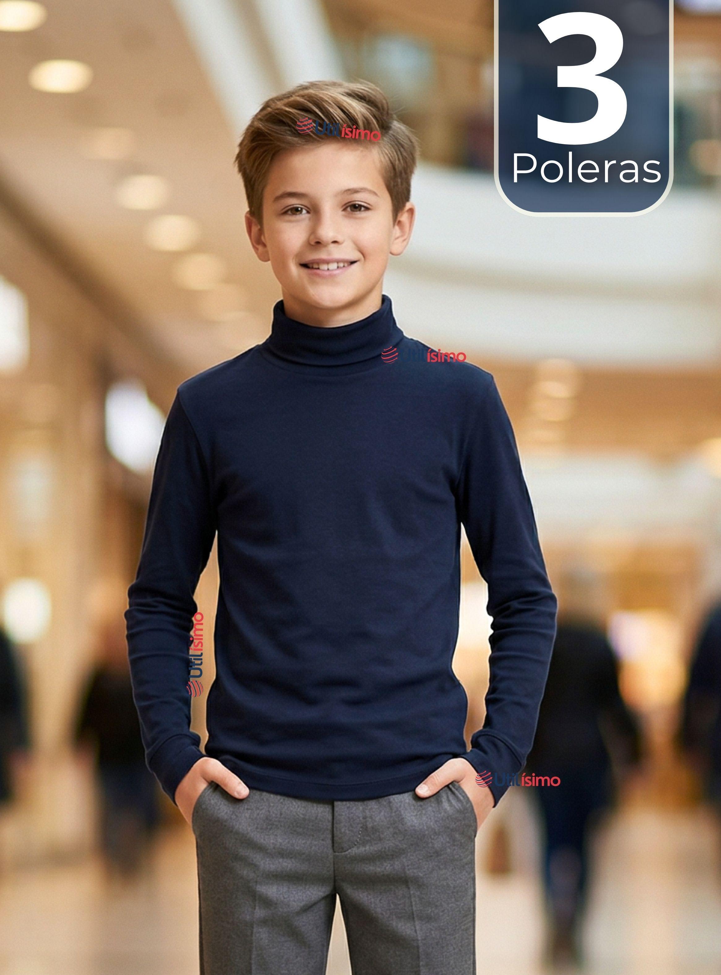 Pack 3 Poleras Camisetas Polar Azul Oscuro Primera Capa Beatle Mangas Largas Niños-0