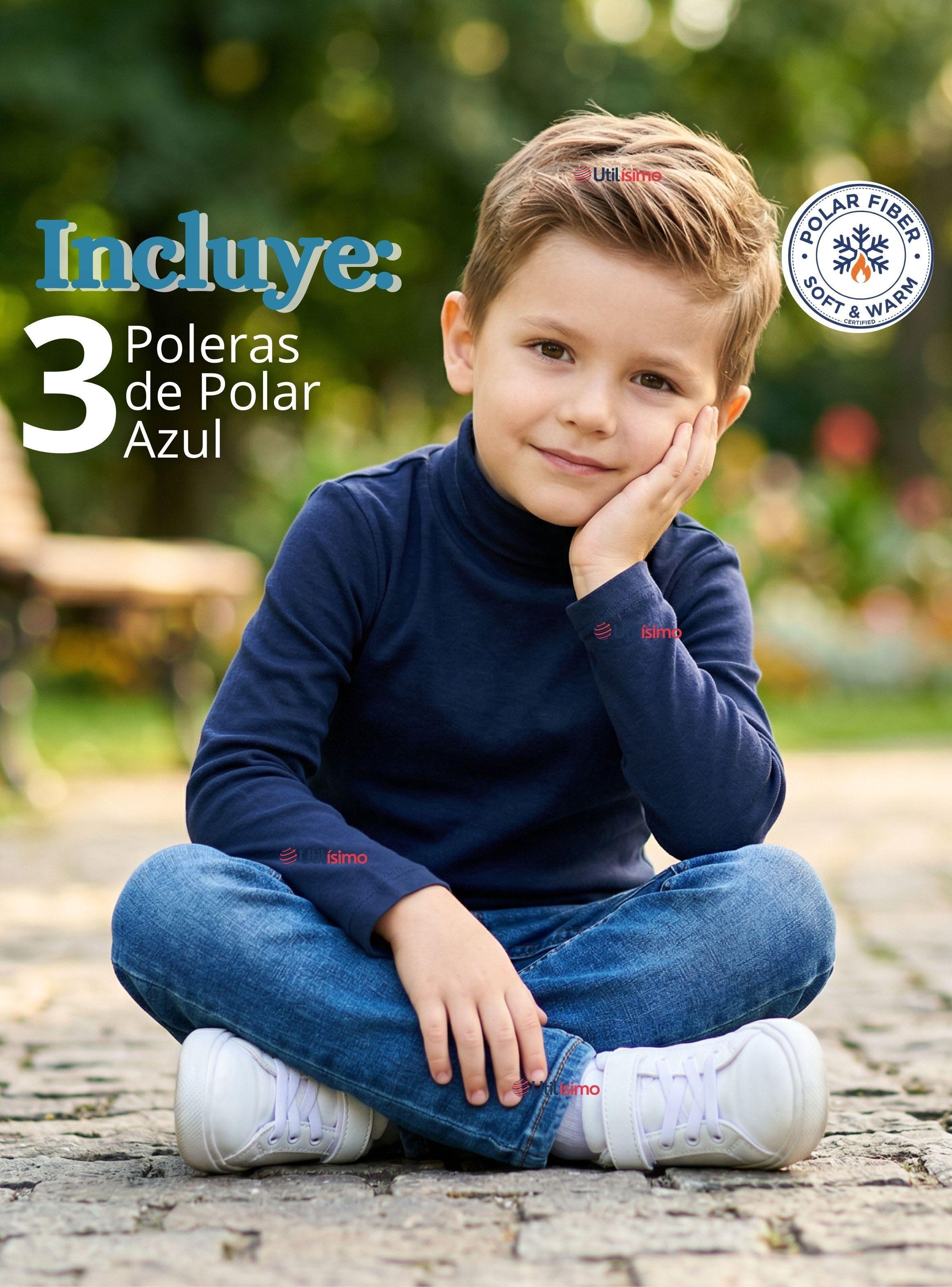 Pack 3 Poleras Camisetas Polar Azul Oscuro Primera Capa Beatle Mangas Largas Niños-1