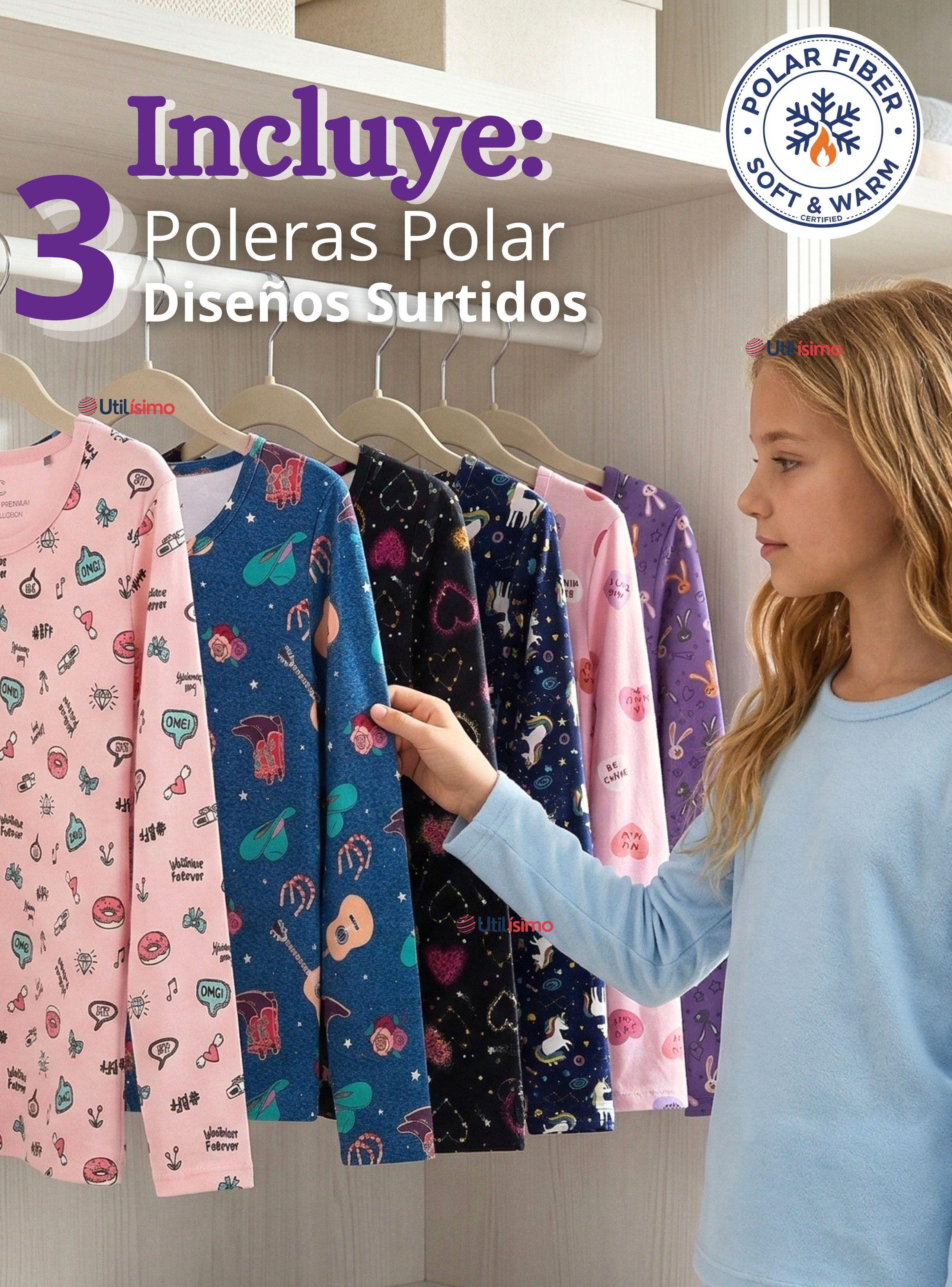 Pack 3 Camisetas Poleras Polar Primera Capa Basica Pijama Manga Larga Diseños Surtidos de Niña-2