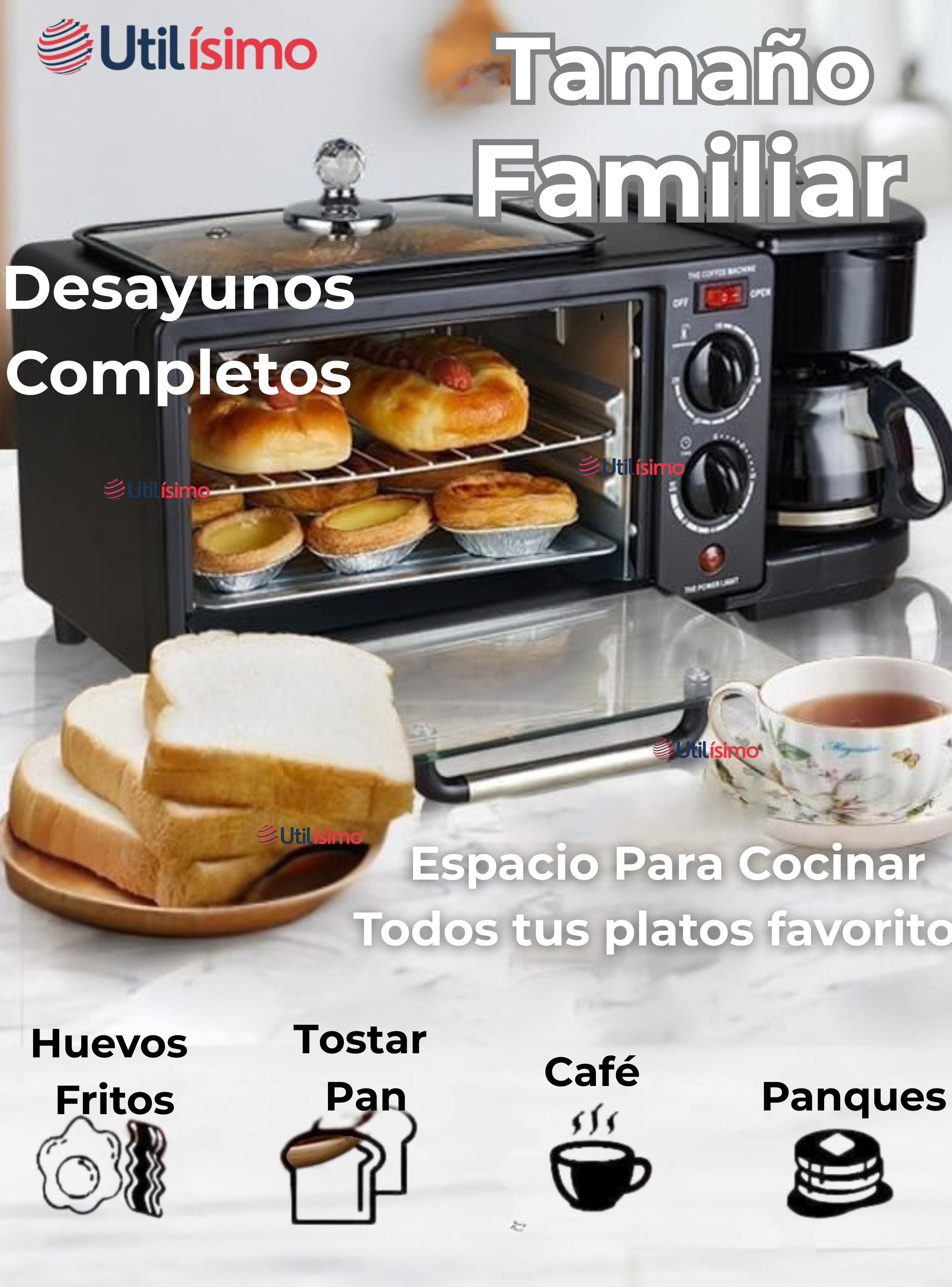 Maquina Desayuno Multifuncional 3 En 1 Horno Cafetera y Sartén-4