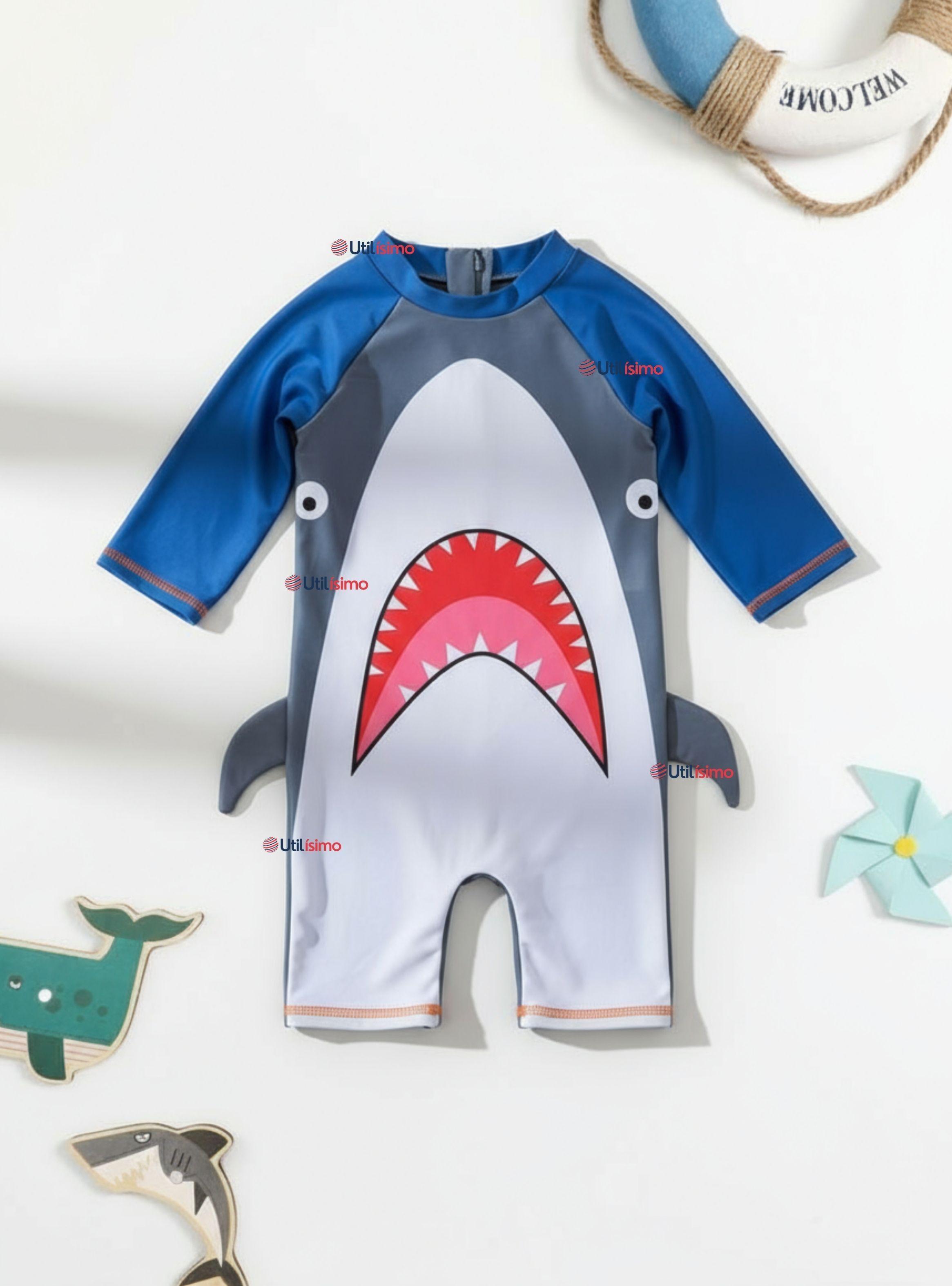 Traje de Baño Enterito Con Cremallera de Manga Corta para Niño 2 a 6 años Gray Shark-0