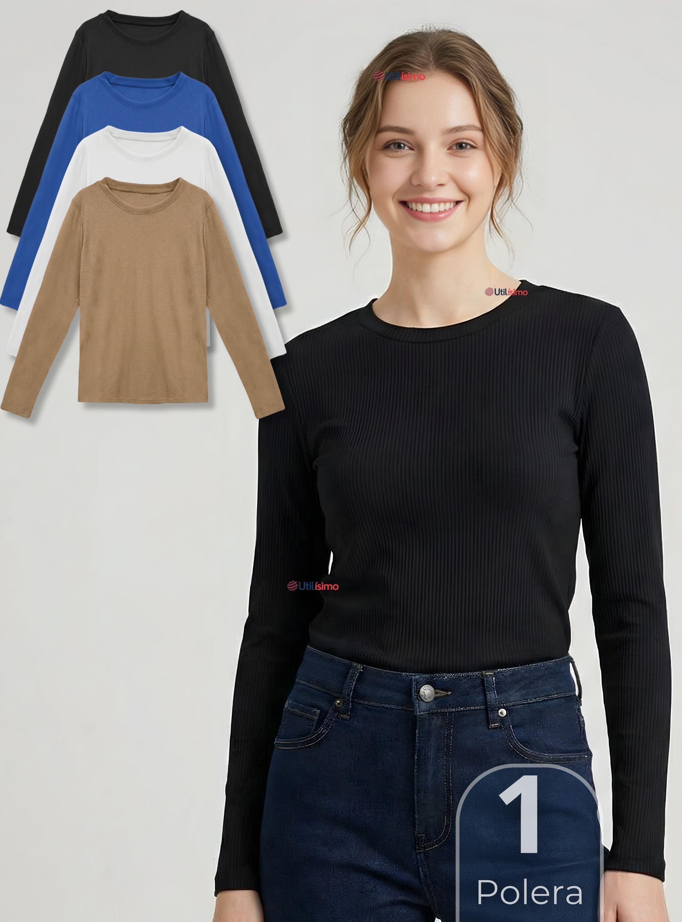 Camiseta Polar Polera Cuello Redondo Mujer Manga Larga Tela Acanalada de Colores Surtidos-0