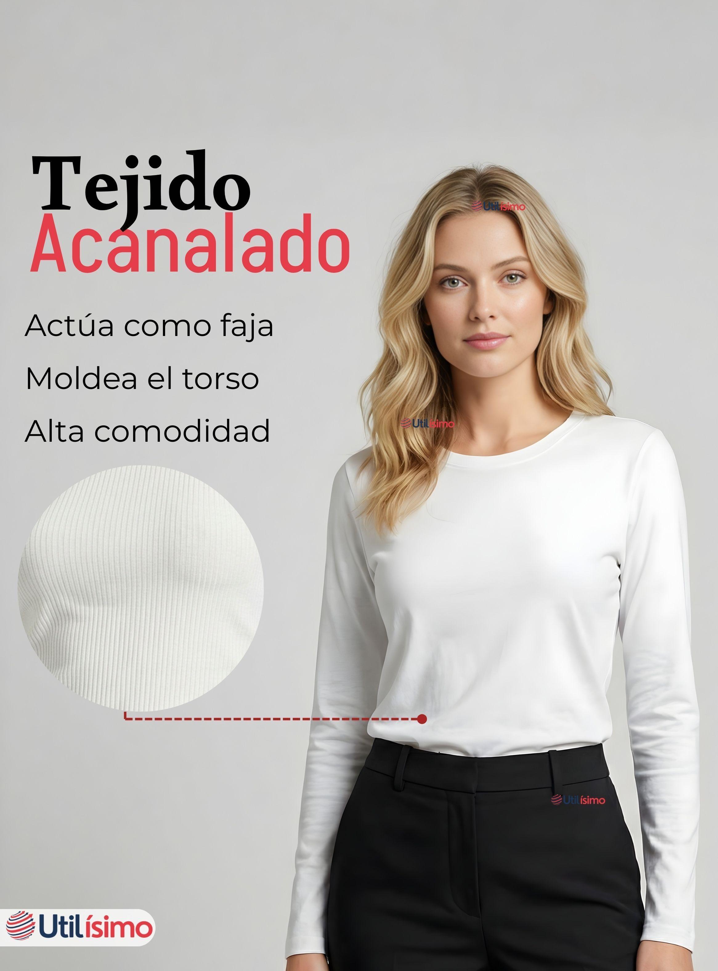 Camiseta Polar Polera Cuello Redondo Mujer Manga Larga Tela Acanalada de Colores Surtidos-4