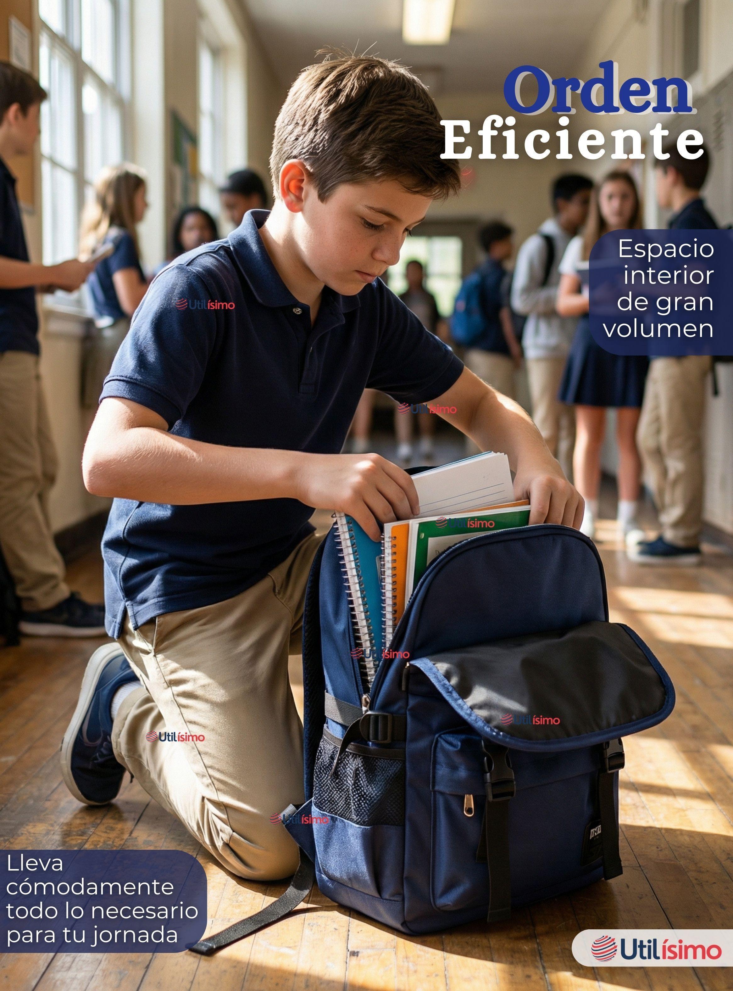 Mochila Escolar Azul Broches Impermeable de Poliéster 48cm Niño-3