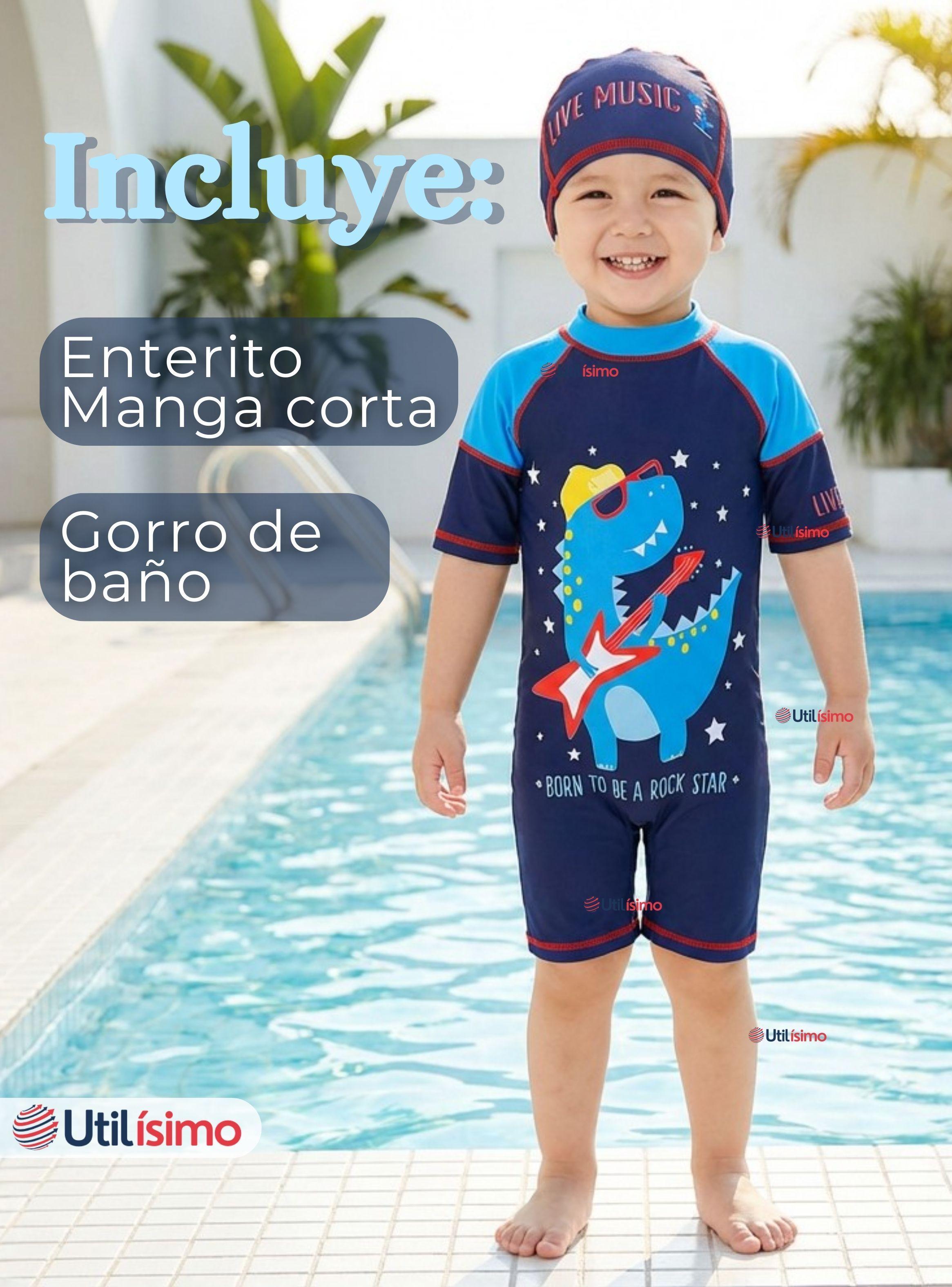 Traje de Baño Enterito Cremallera Manga Corta Con Gorro para Niños de 2 a 4 años Blue Dinosaur-1