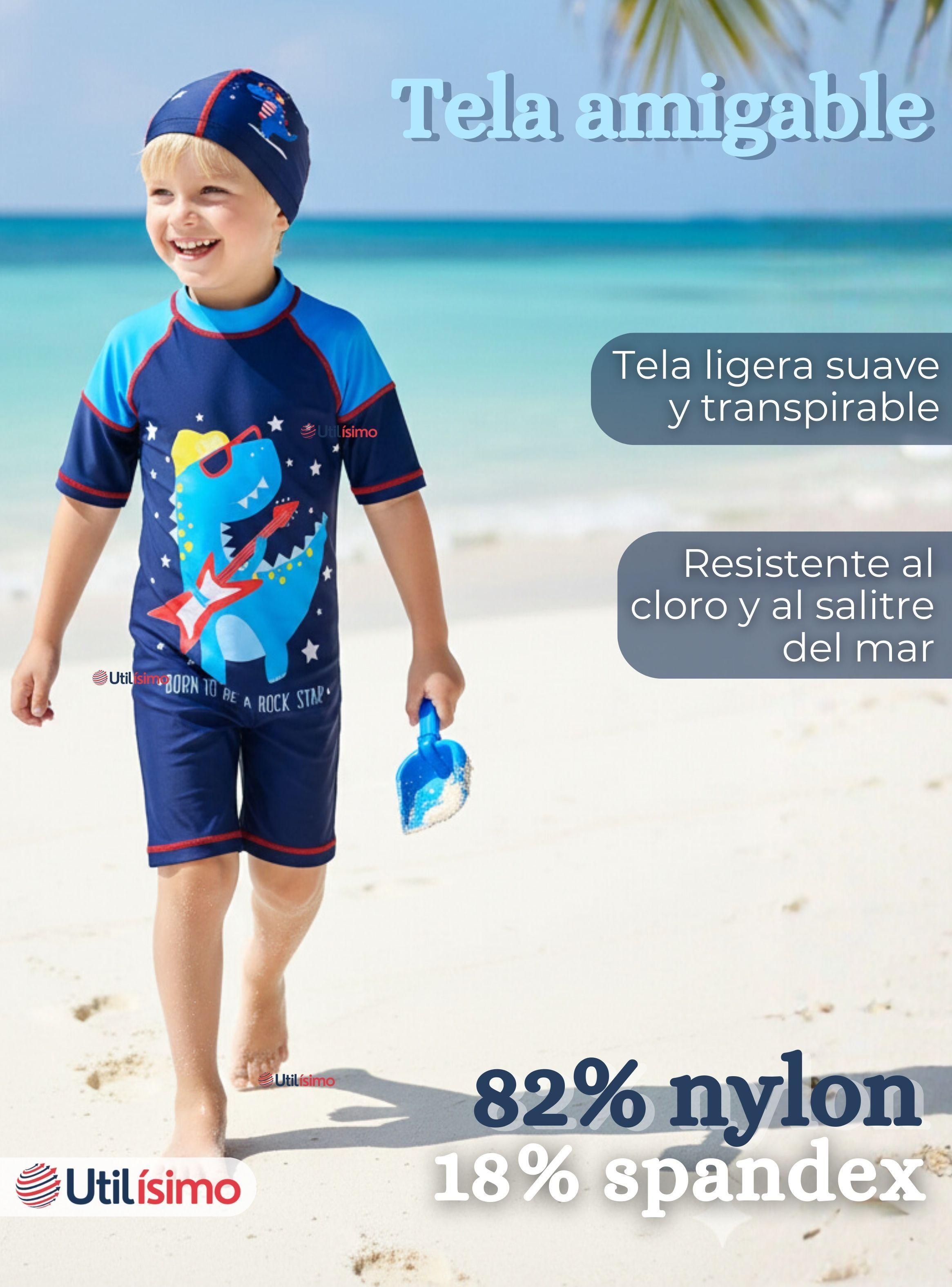 Traje de Baño Enterito Cremallera Manga Corta Con Gorro para Niños de 2 a 4 años Blue Dinosaur-2