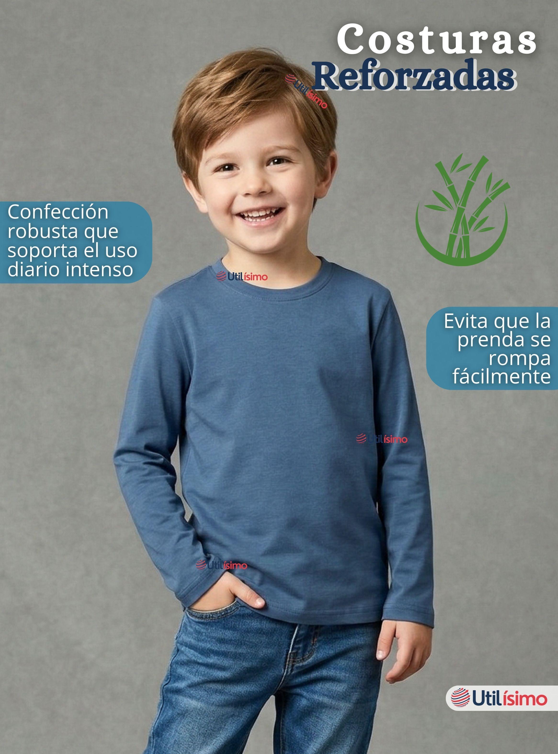 Pack 3 Poleras Camisetas Bambú Azul Claro Cuello Redondo Primera Capa Mangas Larga Niños-6