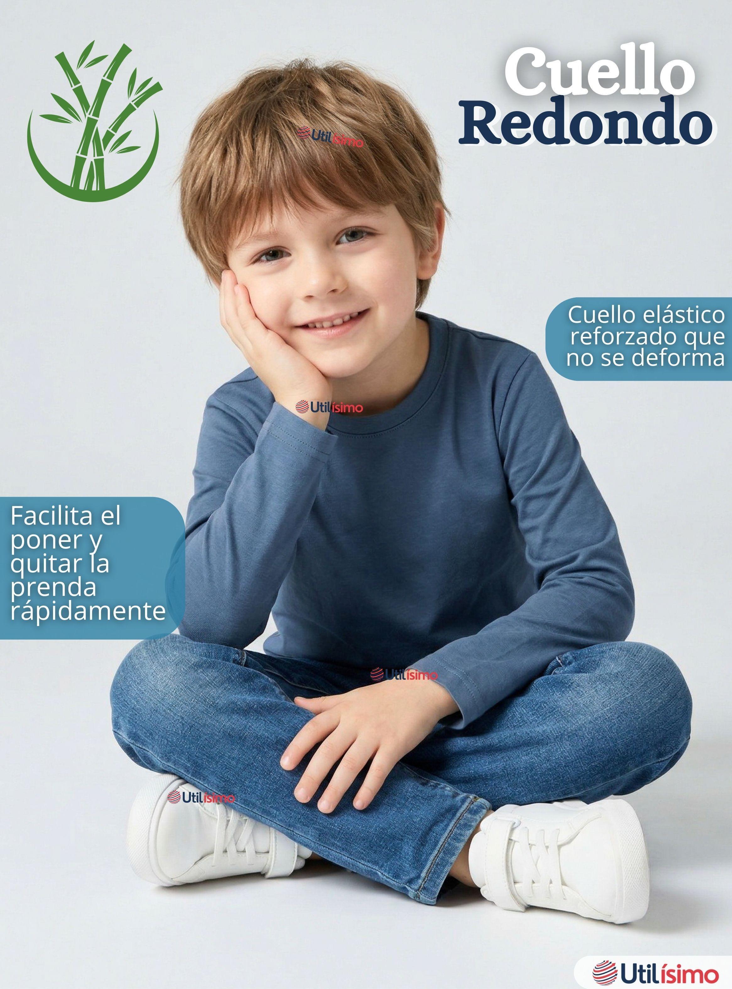 Pack 3 Poleras Camisetas Bambú Azul Claro Cuello Redondo Primera Capa Mangas Larga Niños-7