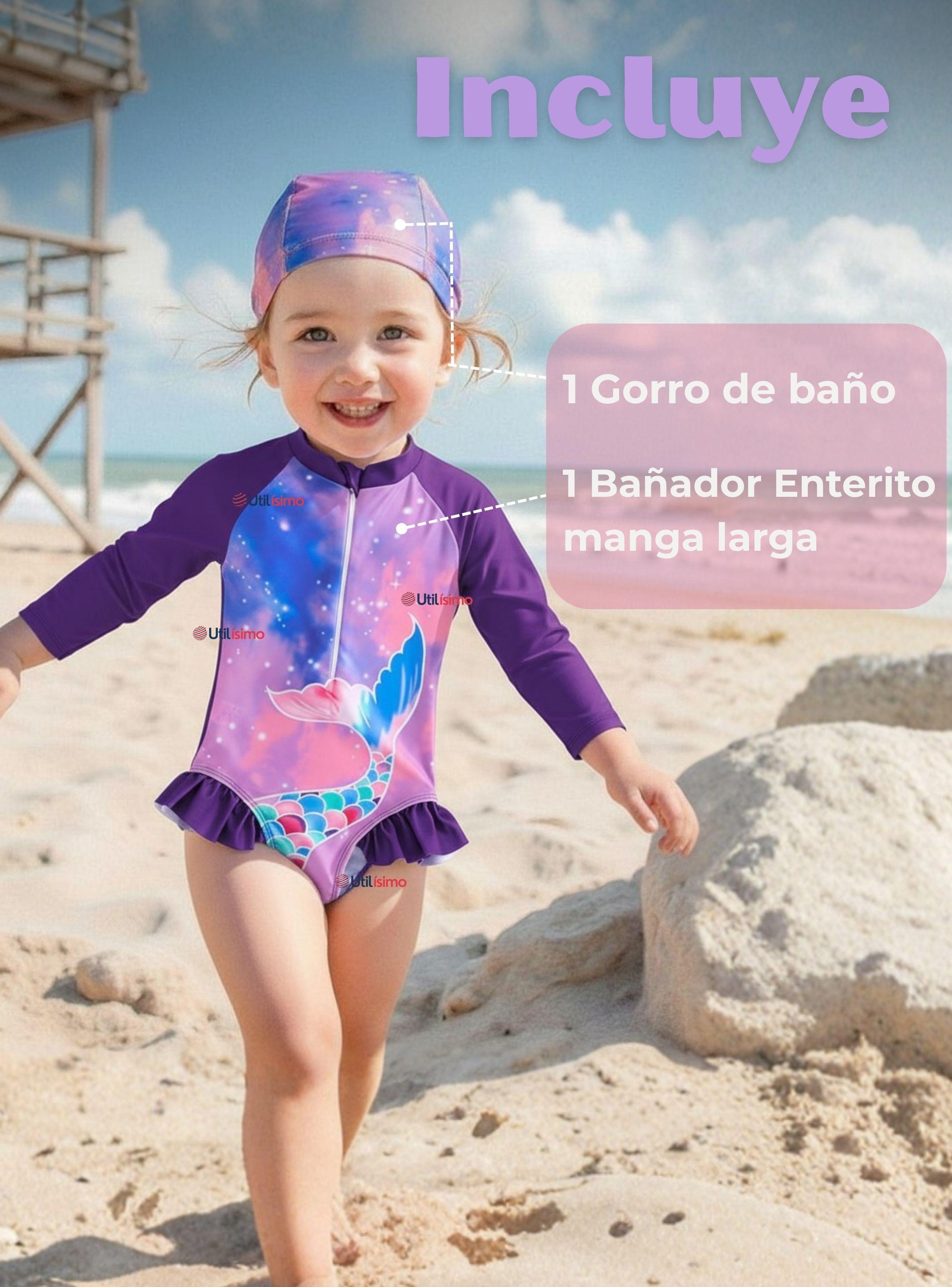 Traje De Baño Enterito Manga Larga con Cremallera y Gorro de Baño Bebe Niña Purple Mermaid-1