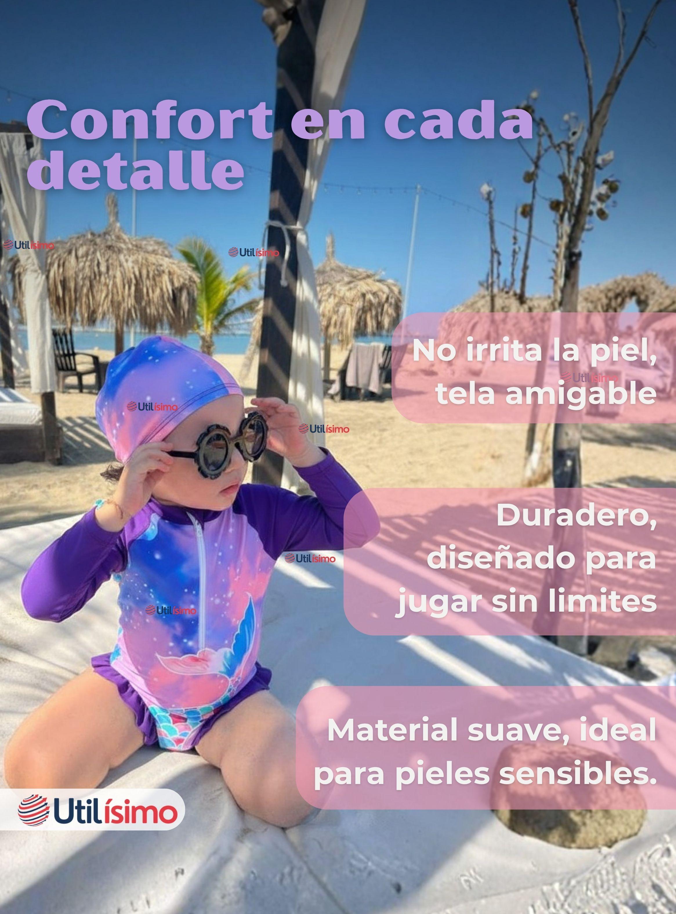 Traje De Baño Enterito Manga Larga con Cremallera y Gorro de Baño Bebe Niña Purple Mermaid-5