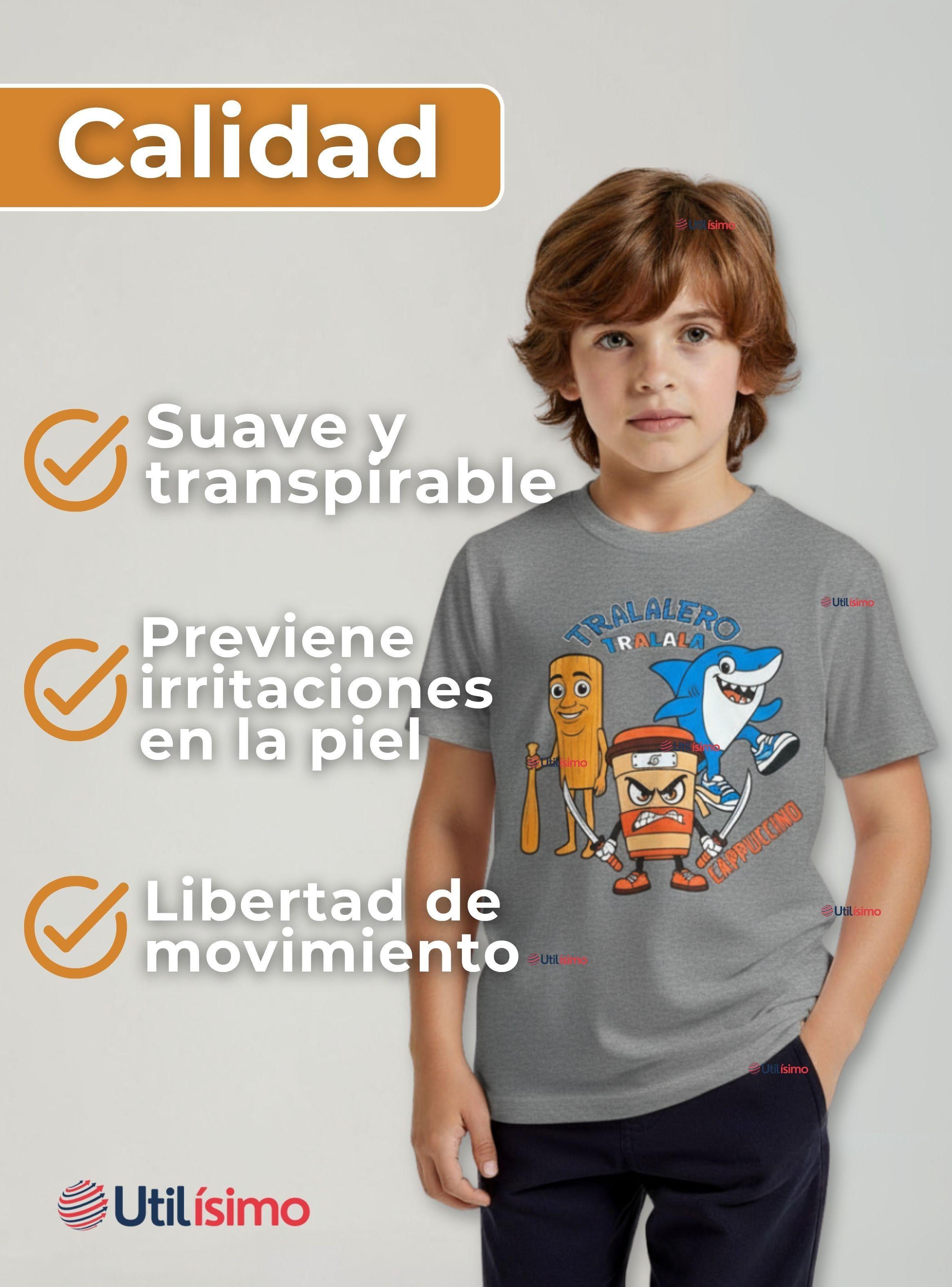 Polera Brainrots 100% Algodón Manga Corta Niños Tralalero Gris Claro-4