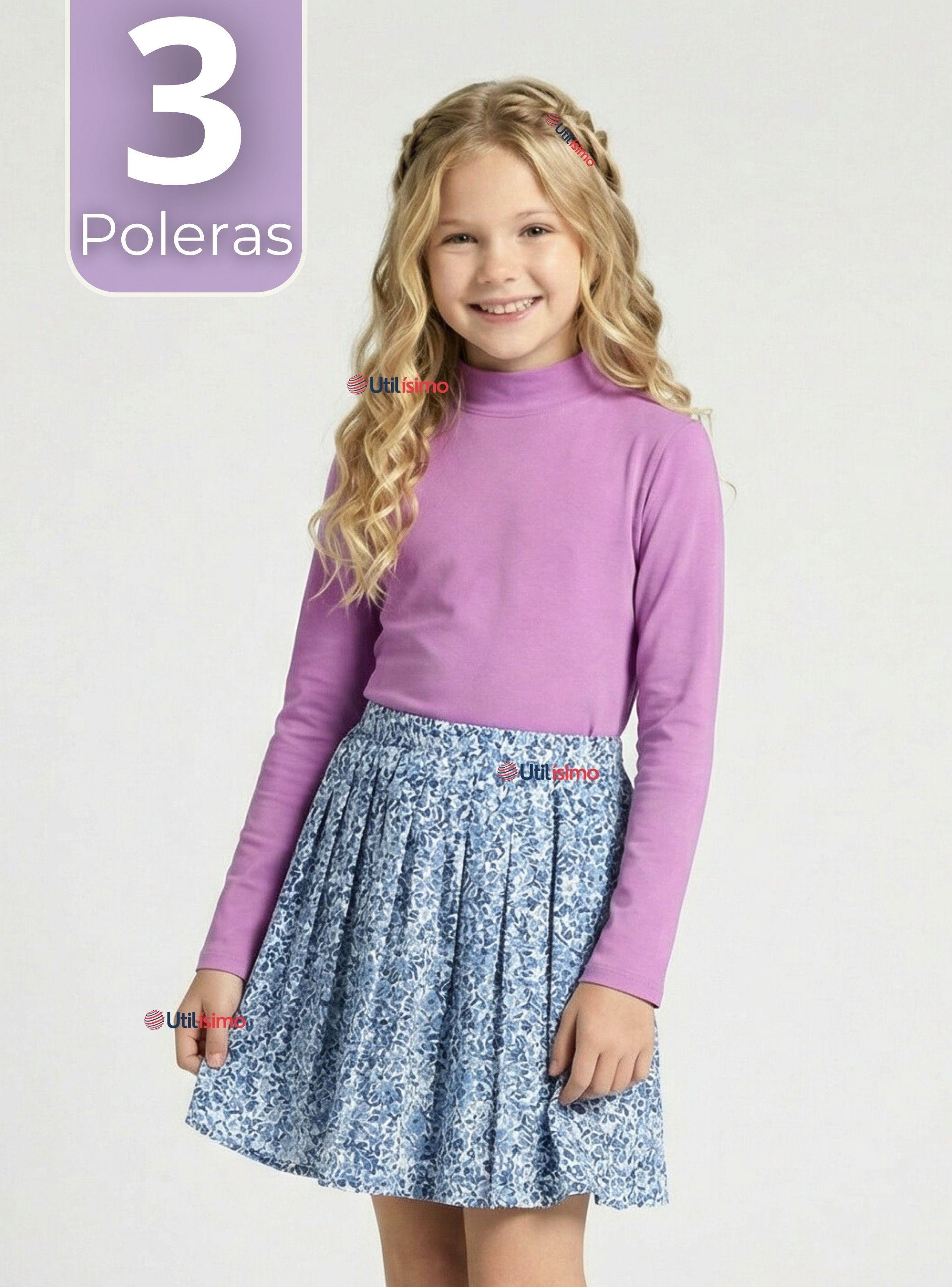 Pack 3 Polera Camiseta Polar Lila Primera Capa Cuello Beatle Mangas Largas para Niñas-0