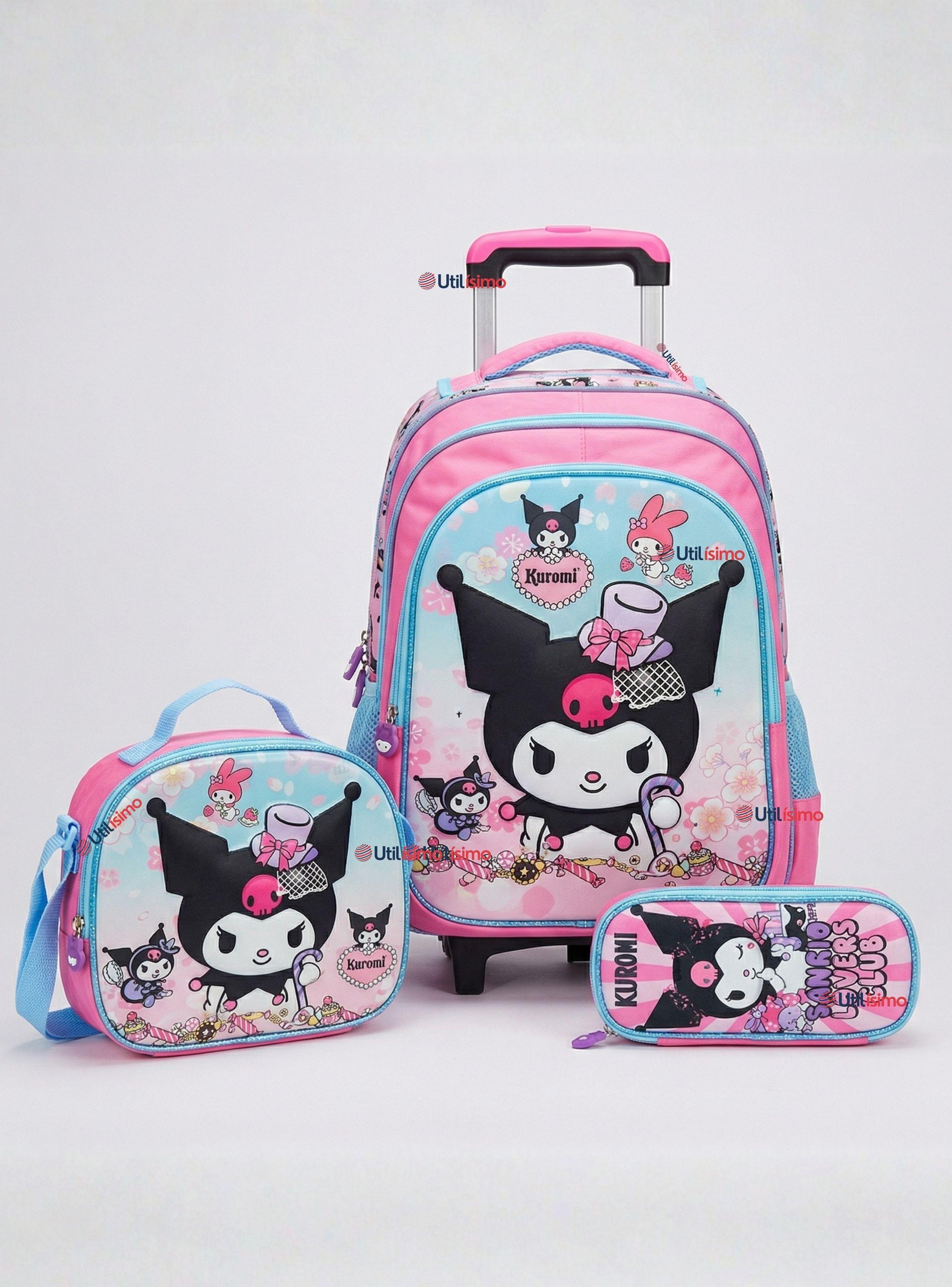 Mochila Escolar Kuromi 3D Con Ruedas Desmontable+Estuche y Lonchera Poliéster Pastel Adventure Niña-0