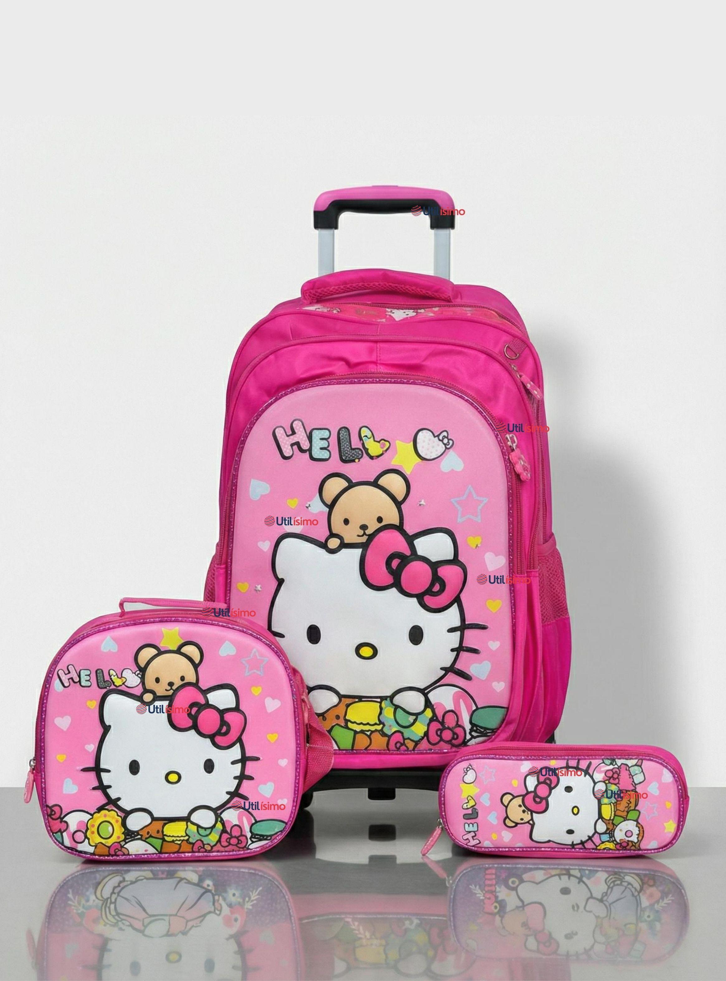 Mochila Escolar Hello Kitty Flowers Con Ruedas Desmontables + Estuche y Lonchera de Niña Poliéster-0