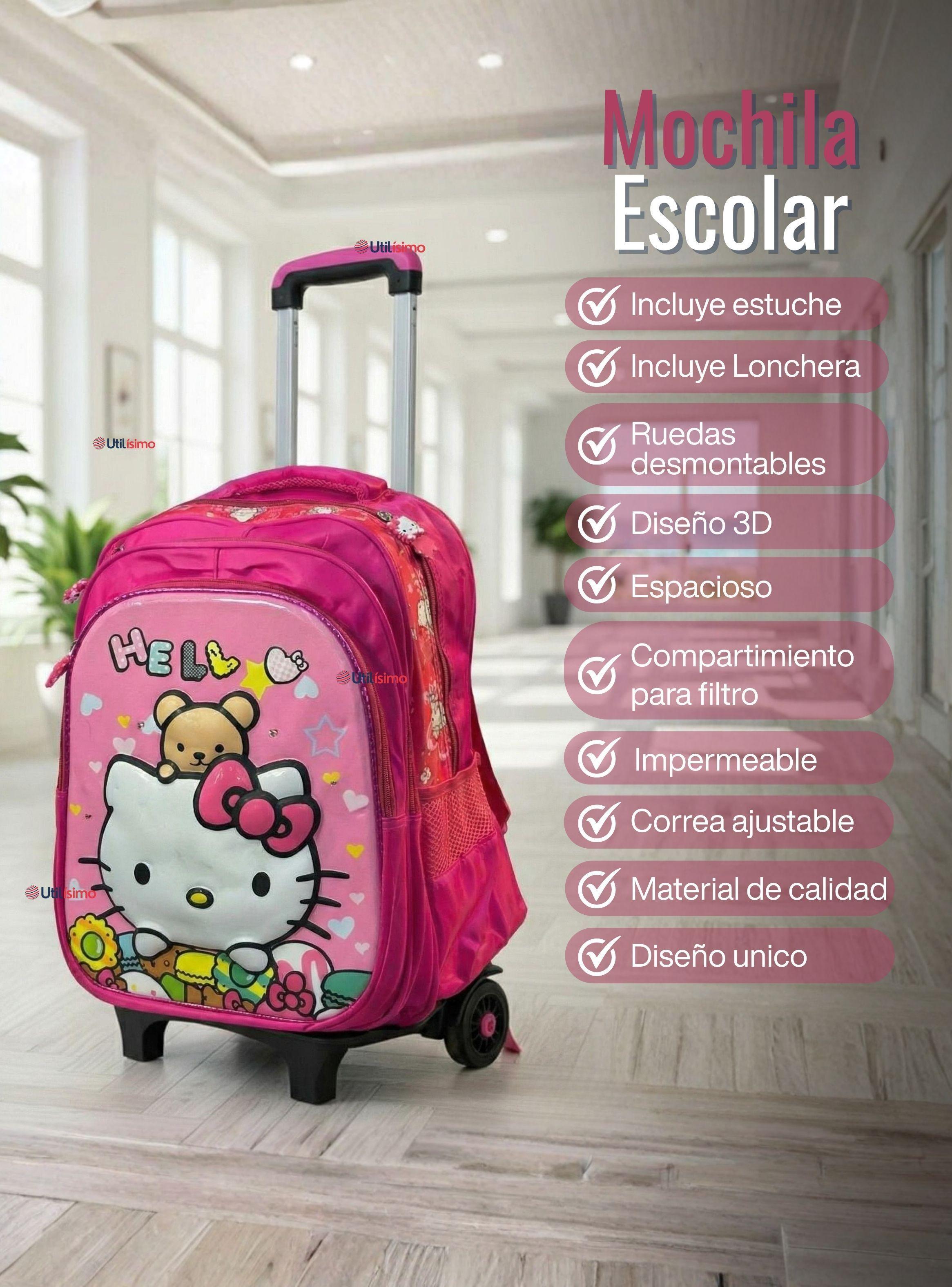 Mochila Escolar Hello Kitty Flowers Con Ruedas Desmontables + Estuche y Lonchera de Niña Poliéster-1